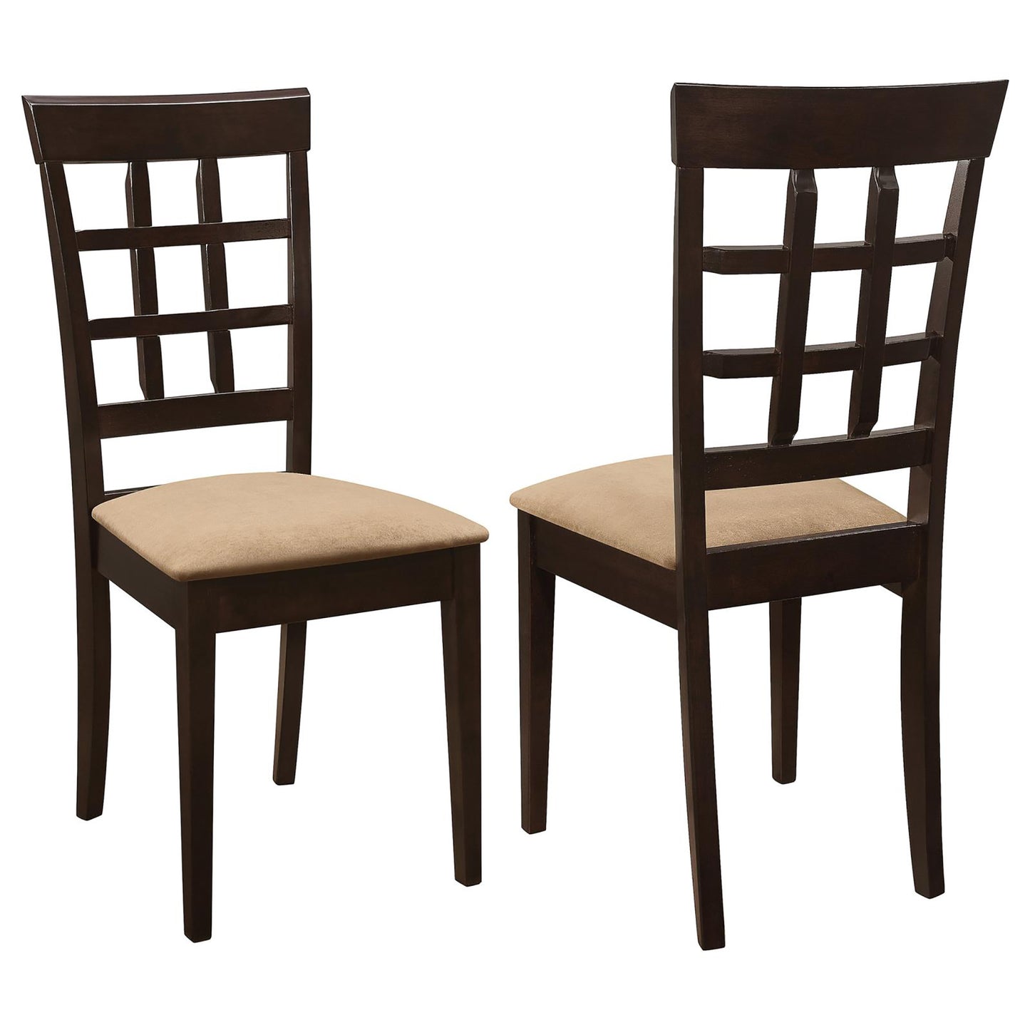 Dark brown wooden dining chair with a tan fabric seat and geometric backrest