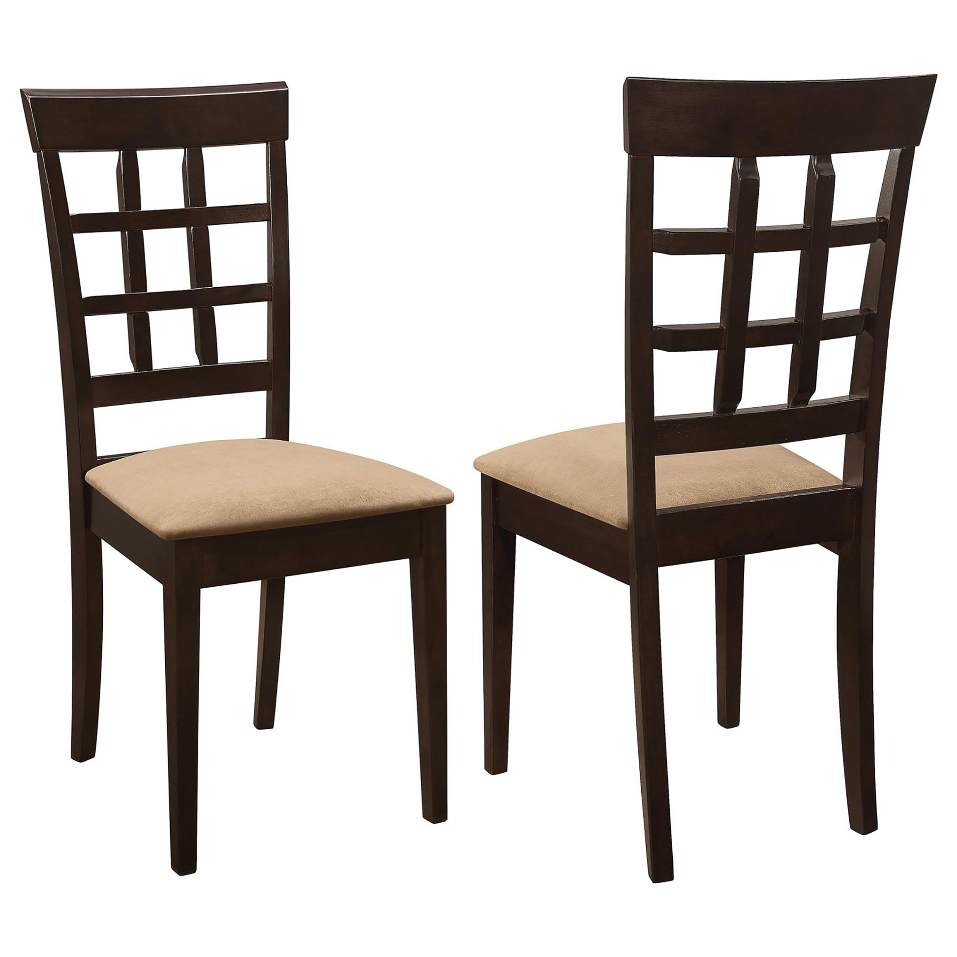 Dark brown wooden dining chair with a tan fabric seat and geometric backrest
