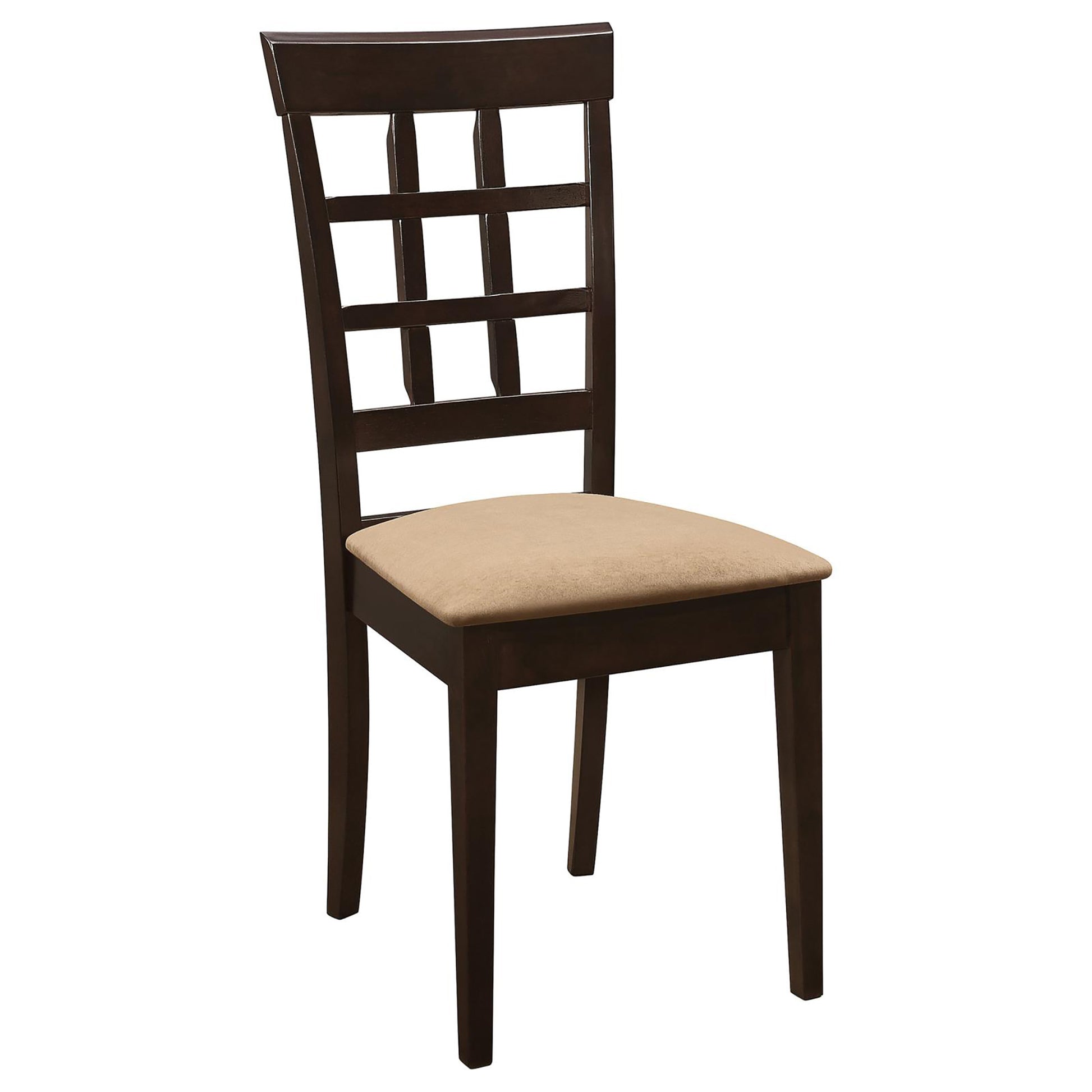 Dark brown wooden dining chair with beige fabric seat and lattice back design