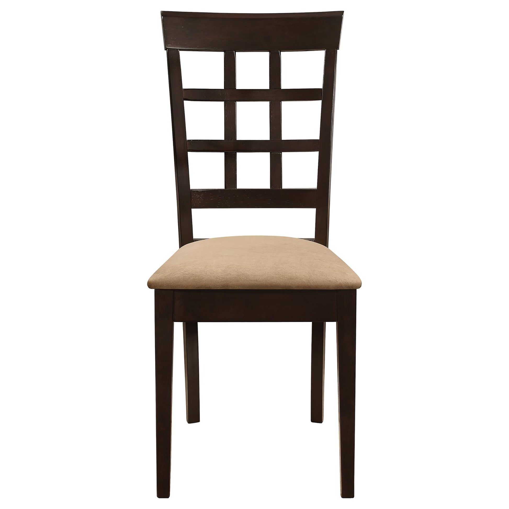 Dark wood dining chair with a light beige upholstered seat and a latticeback design