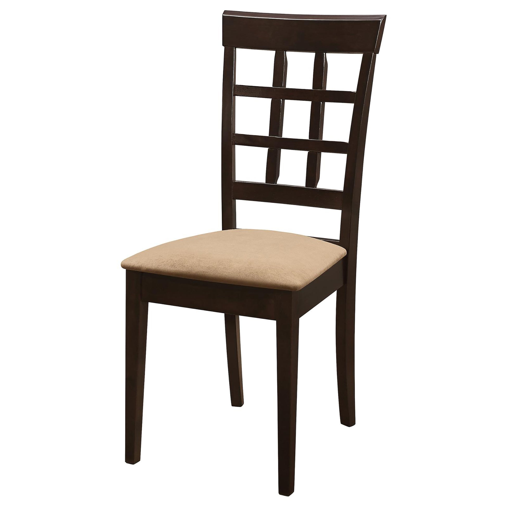 Dark brown wooden dining chair with a beige upholstered seat and a lattice back