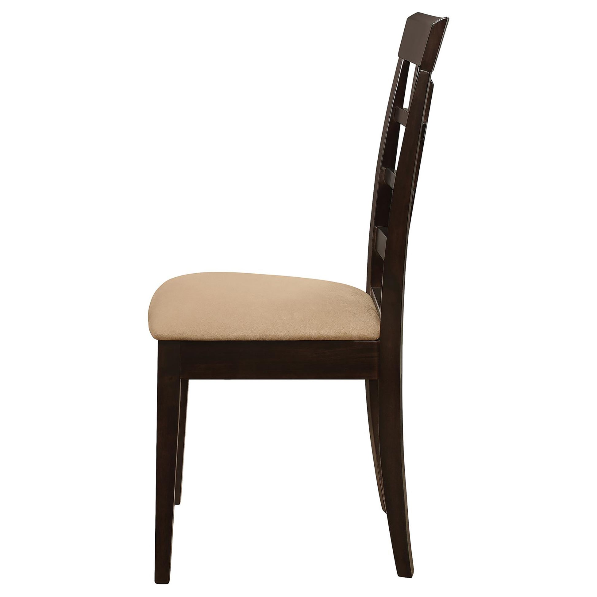 Dark wood dining chair with a beige upholstered seat and ladder back design