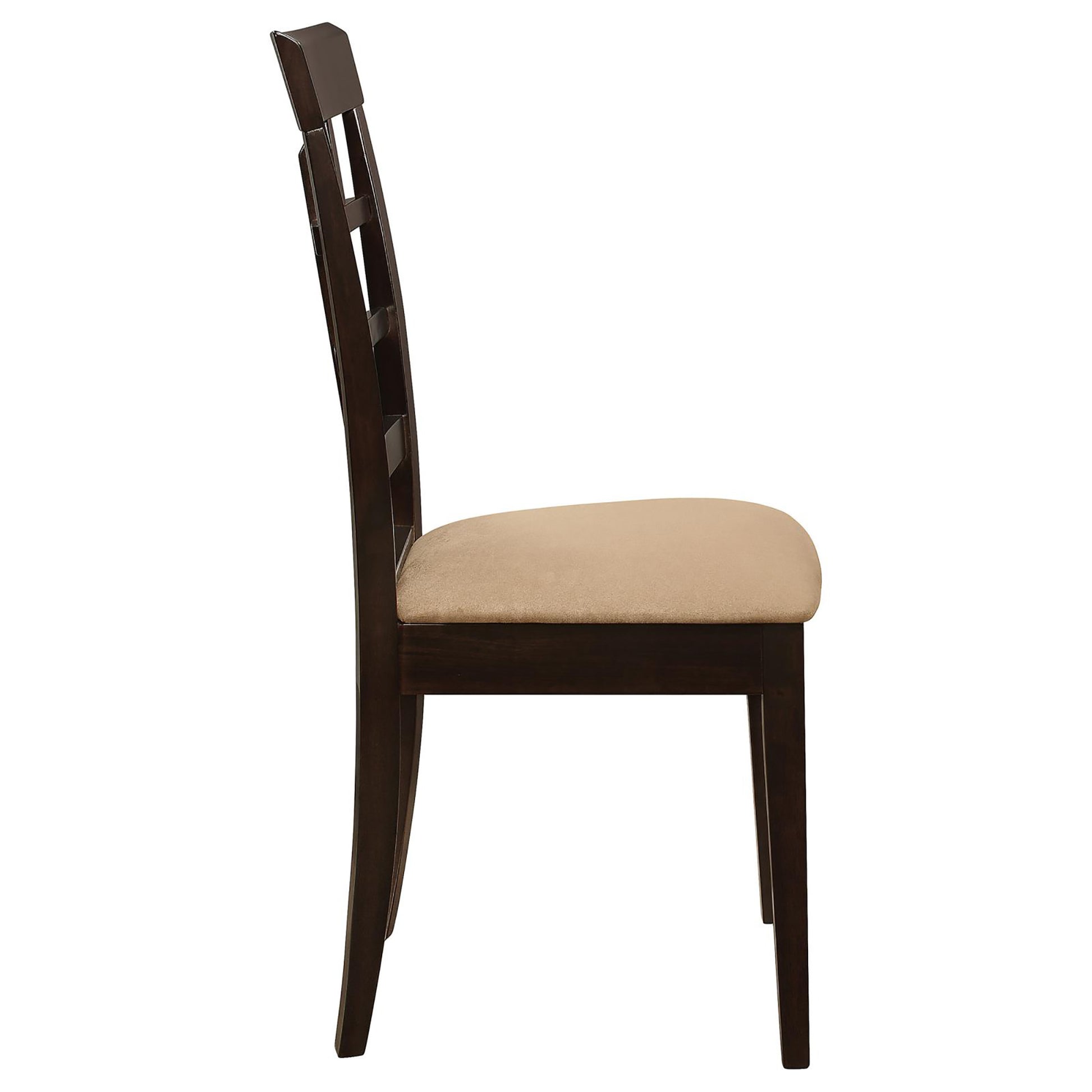 Dark wood dining chair with a beige upholstered seat and ladder back design