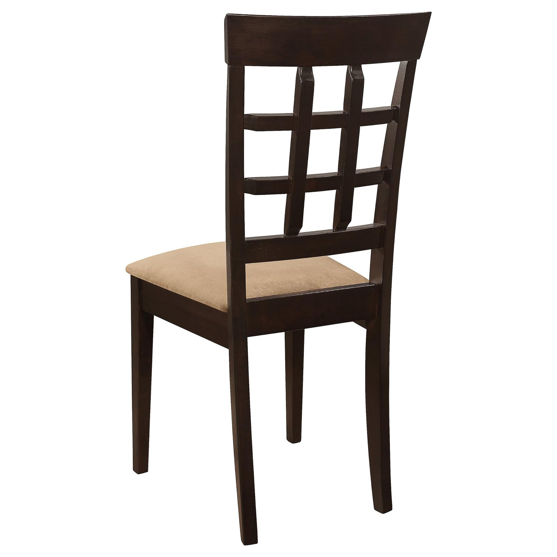 Dark wood dining chair with a tan fabric seat and a square grid back