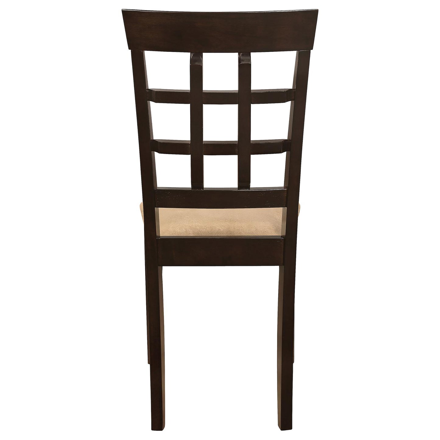 Dark wood dining chair with a latticestyle back and beige upholstered seat