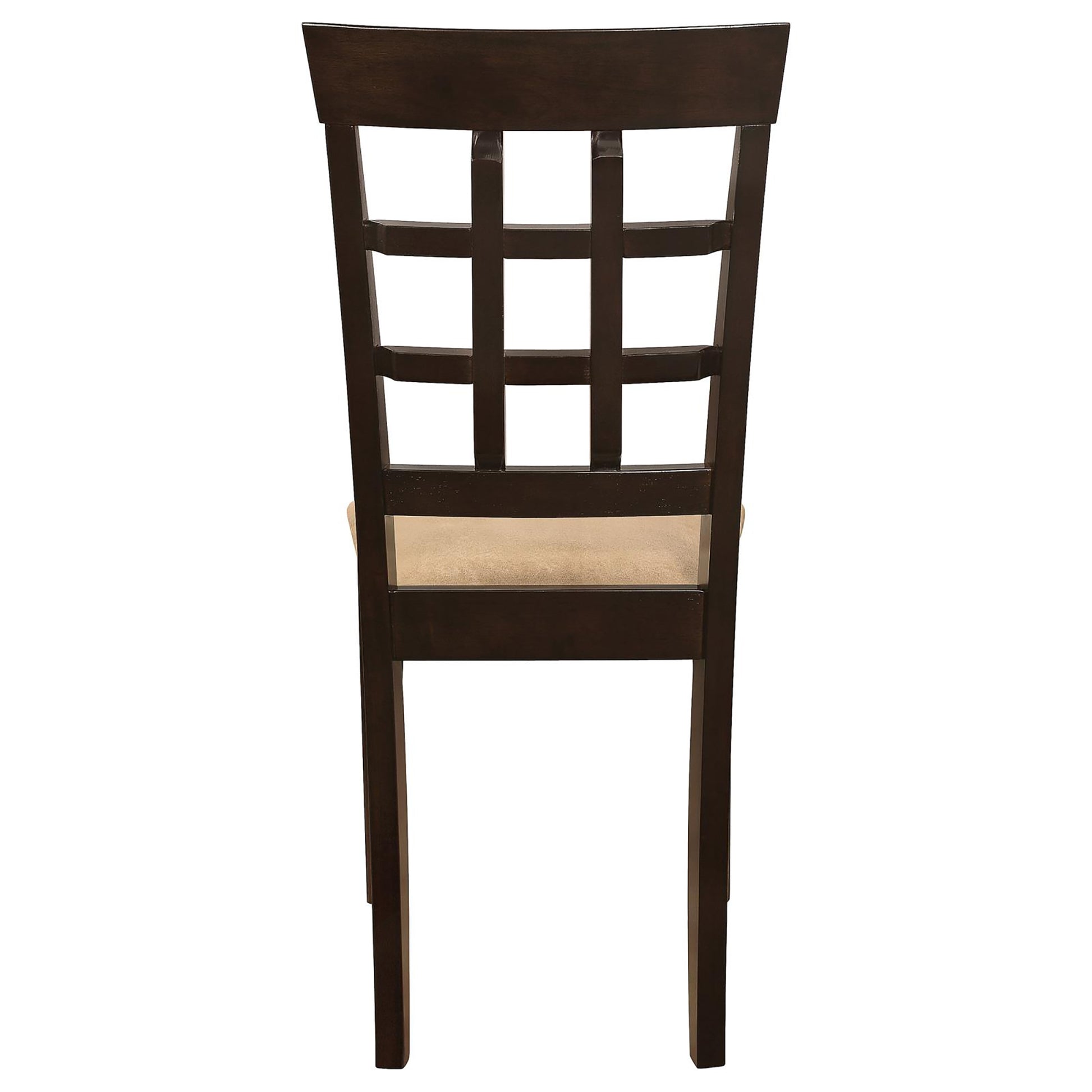 Dark wood dining chair with a latticestyle back and beige upholstered seat