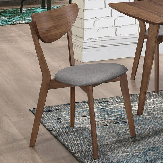 Walnut midcentury modern dining chair with grey fabric seat