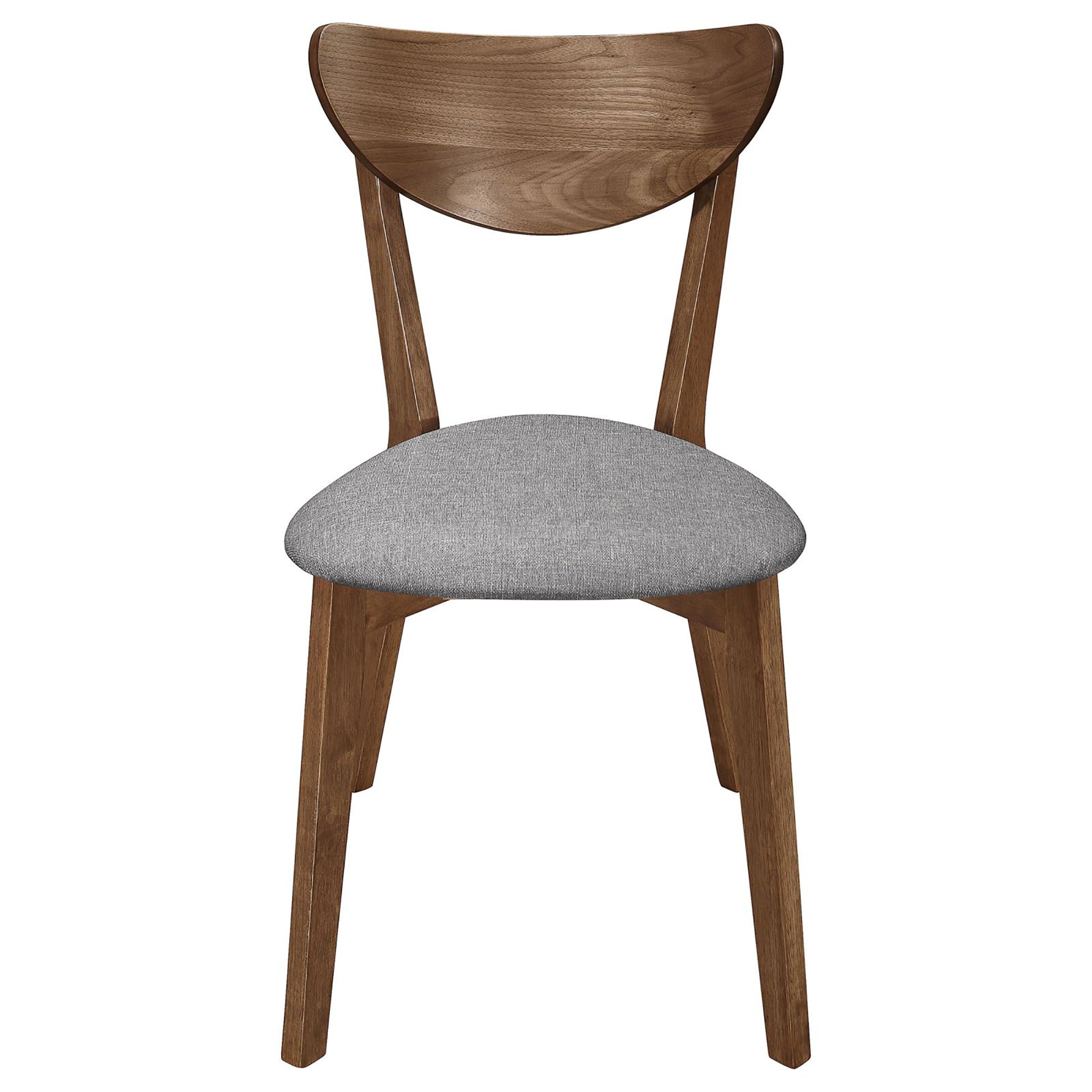 Modern dining chair with curved walnut wood back and grey fabric seat