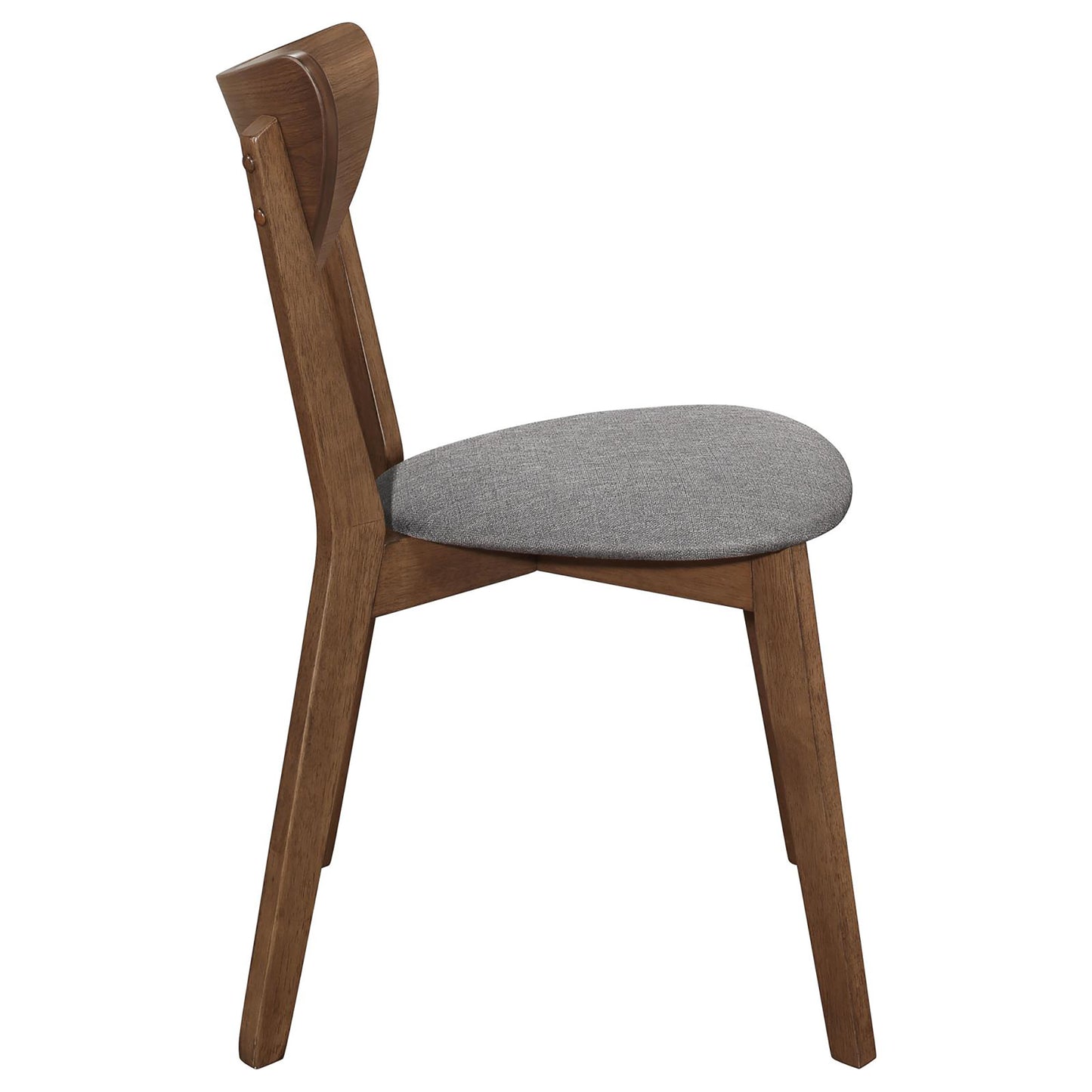 Midcentury modern dining chair with walnut finish wood frame and grey fabric seat