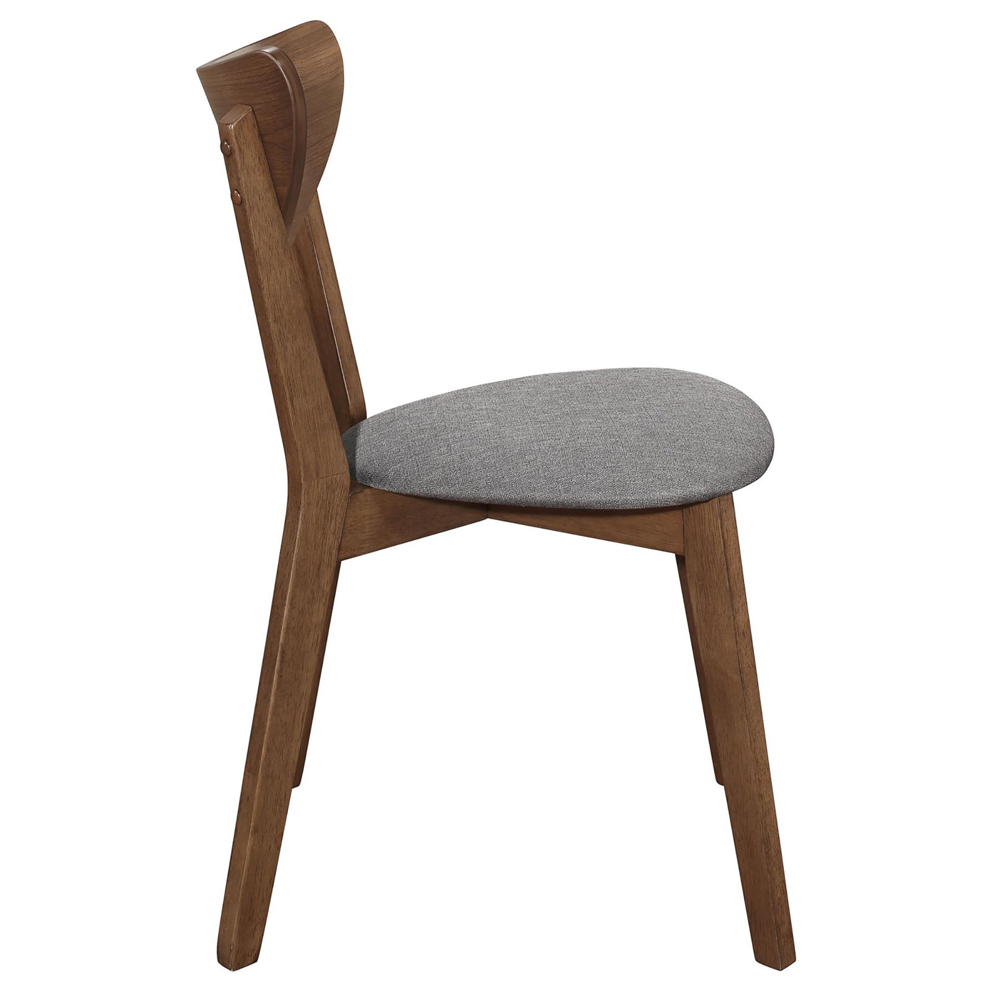 Midcentury modern dining chair with walnut finish wood frame and grey fabric seat