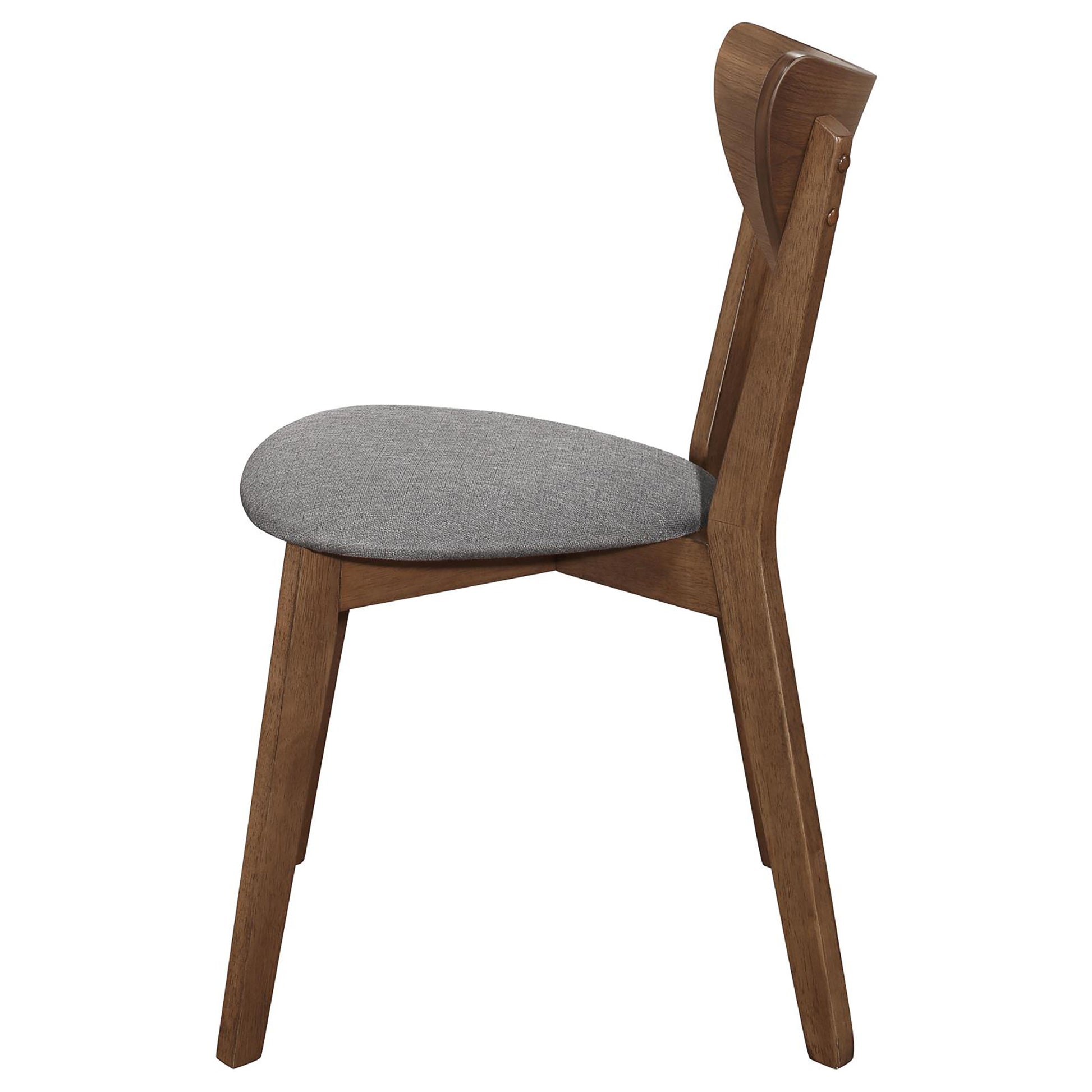Midcentury modern walnut dining chair with upholstered grey seat and curved back