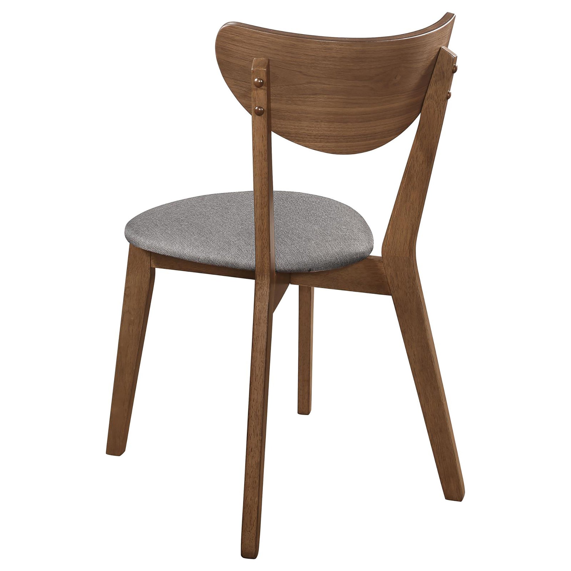 Curved wooden back dining chair with gray fabric seat perfect for modern kitchens