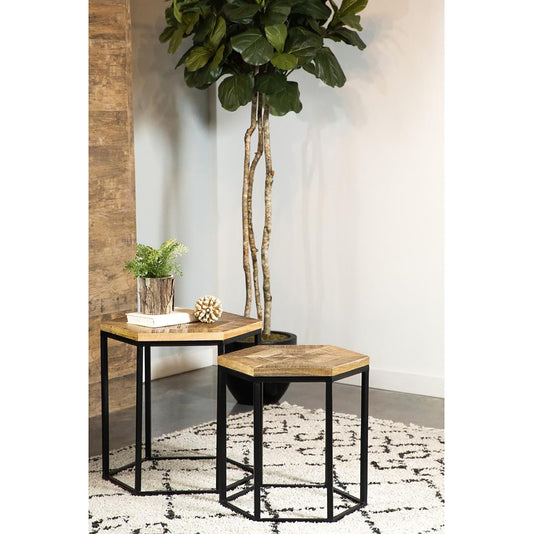Hexagonal wooden side table with black metal legs perfect for modern living rooms