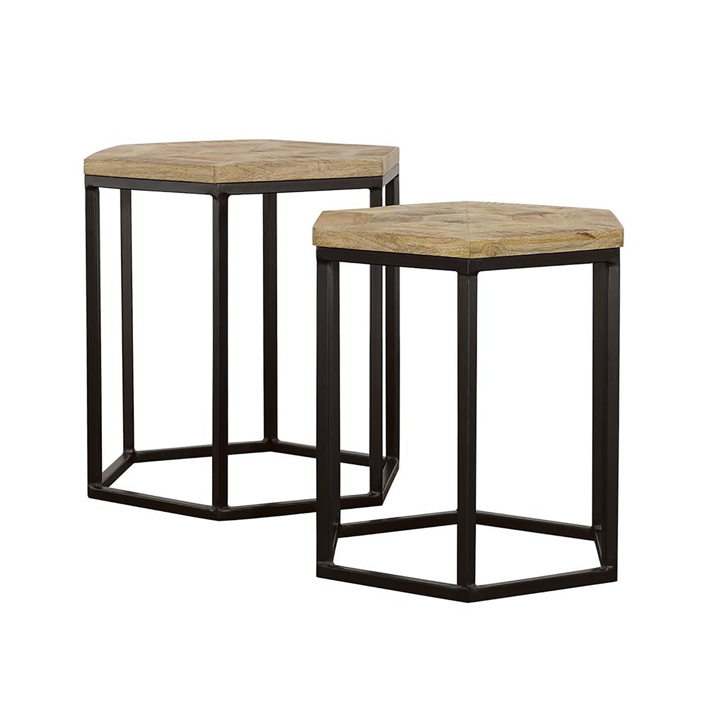 Set of two hexagonal end tables with natural wood tops and black metal frames