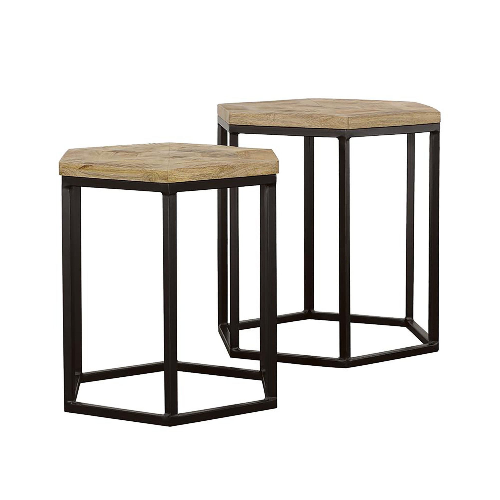 Hexagonal wood top side table with black metal frame perfect for modern living spaces
