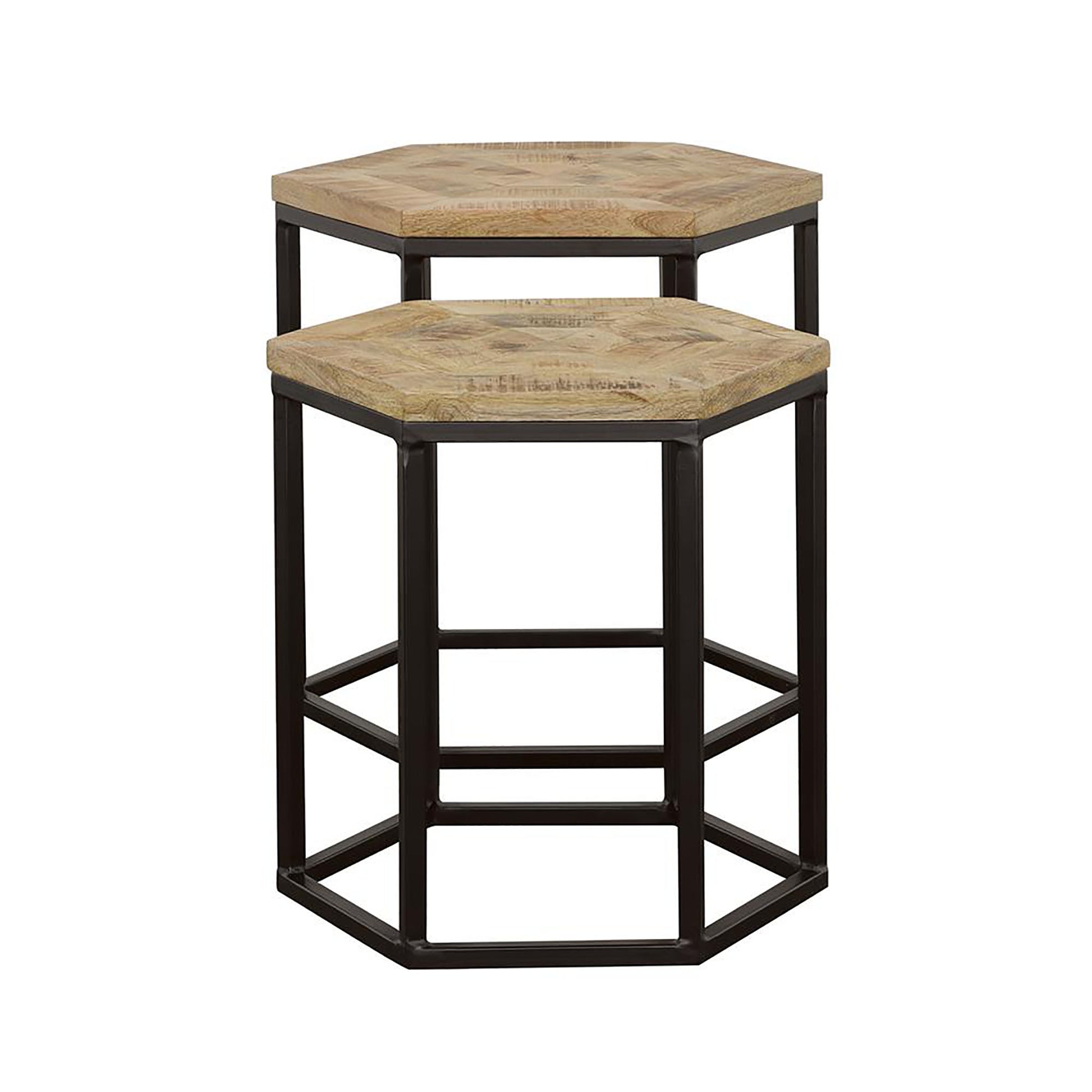 Hexagonal bar stool with rustic wood top and dark metal frame