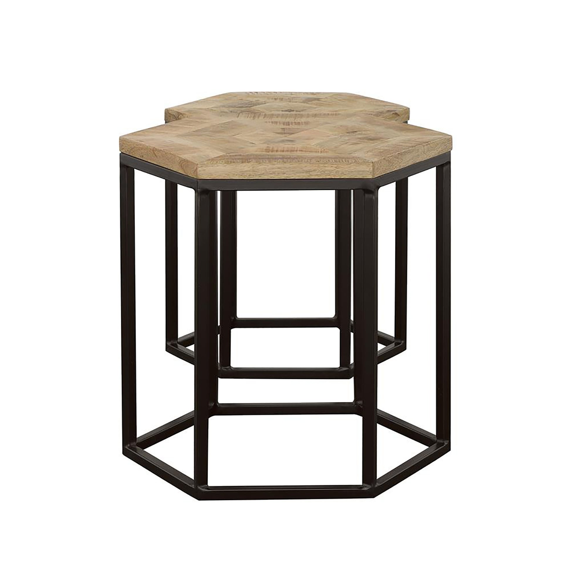 Hexagonal side table with reclaimed wood top and black metal base for living room decor