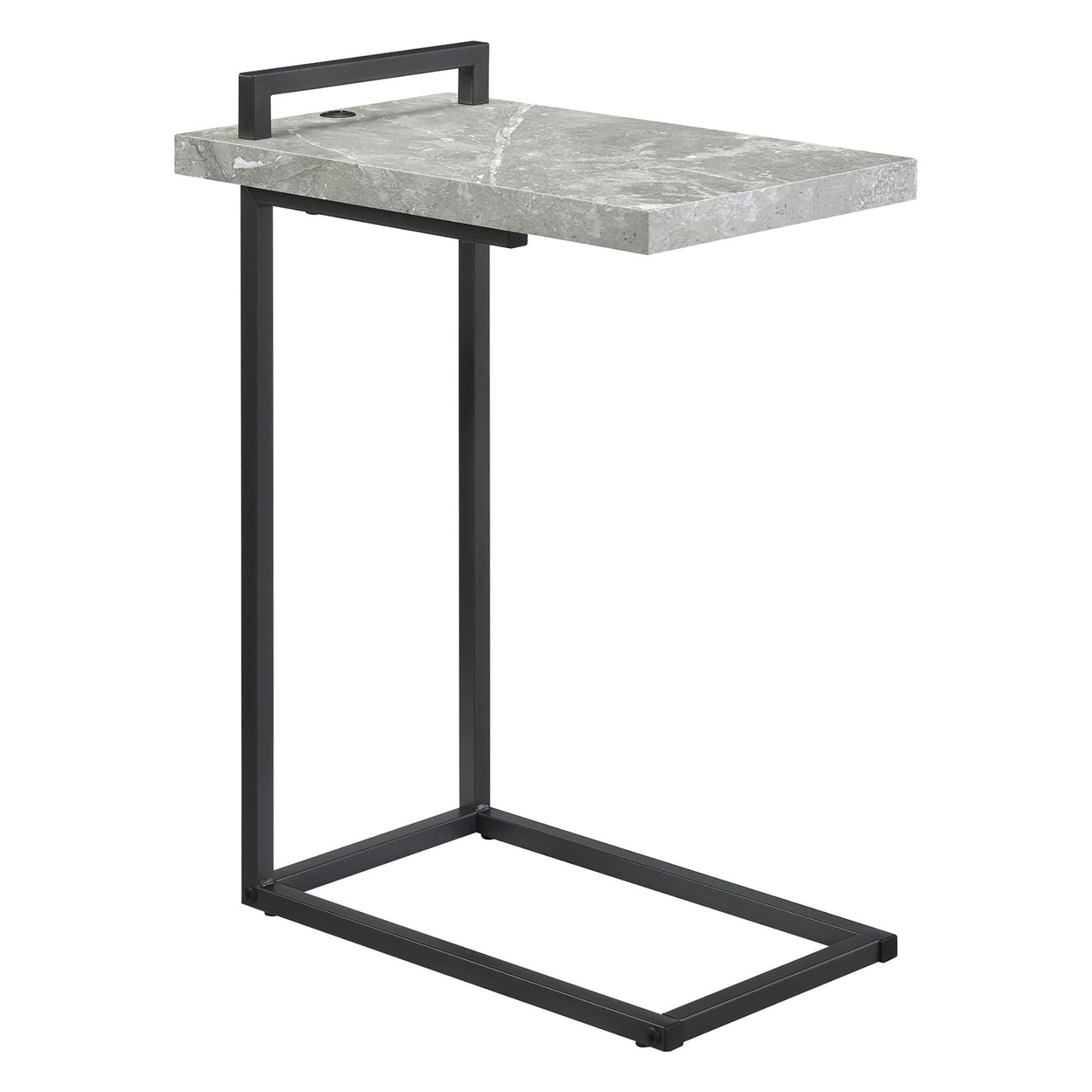 Modern ctable with grey marble top and black metal frame perfect for living rooms