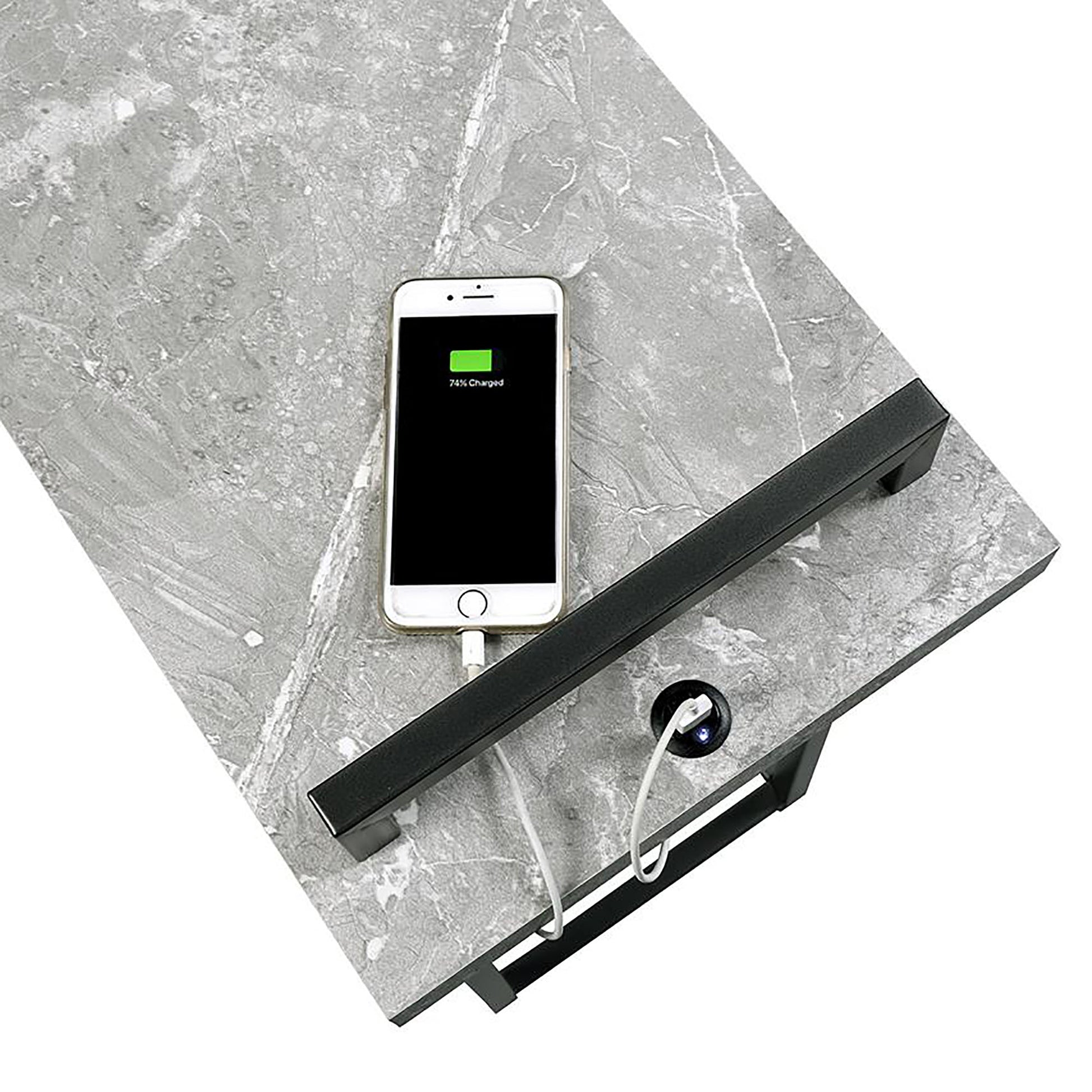 Modern marble top desk with integrated wireless phone charger and drawer pull