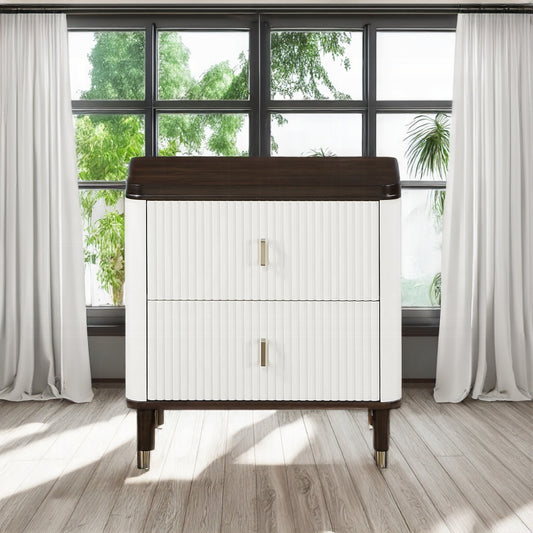 Modern twodrawer nightstand in white with fluted front and dark wood top