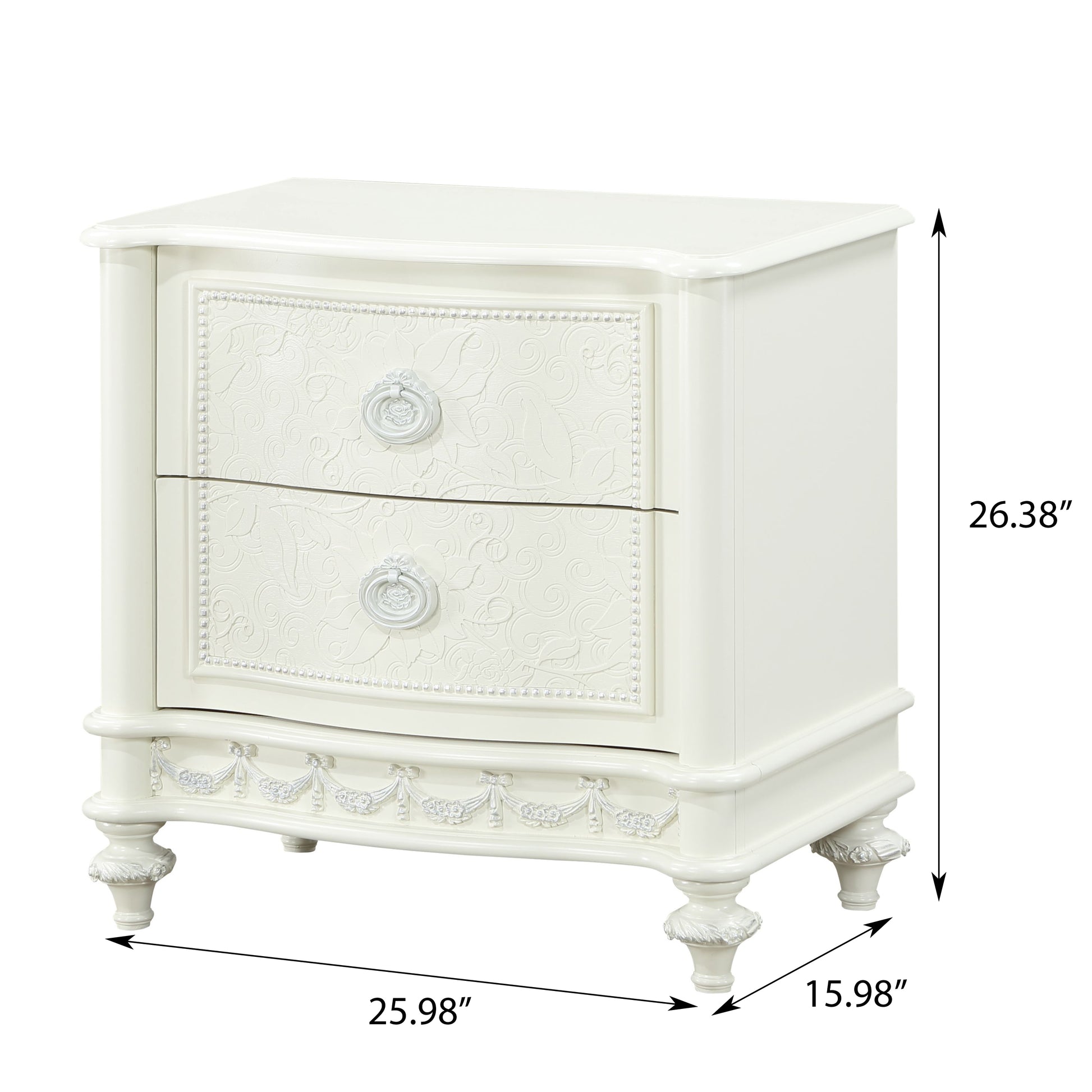 Elegant white nightstand with ornate floral carvings and two drawers for bedroom storage