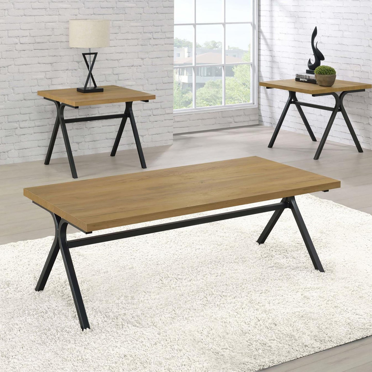 Modern oak veneer coffee table with black metal legs on a shaggy white rug