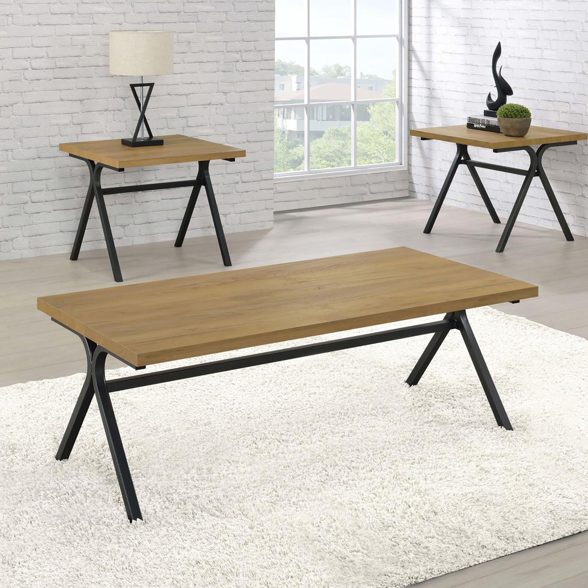 Modern oak veneer coffee table with black metal legs on a shaggy white rug