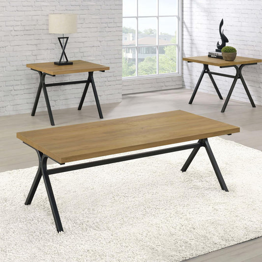 Modern oak veneer coffee table with black metal legs on a shaggy white rug