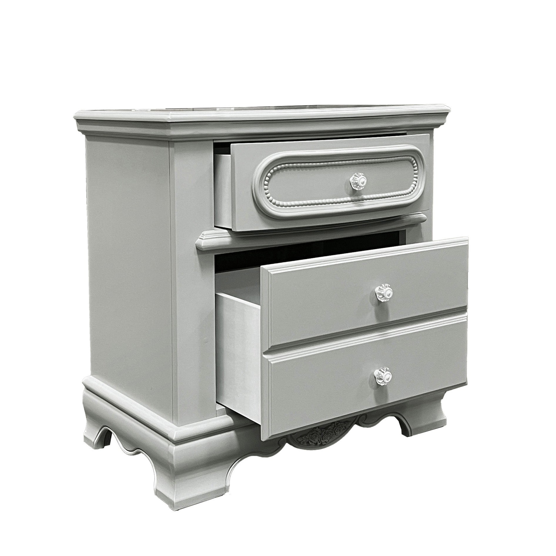 Gray traditional nightstand with three drawers and ornate crystal knobs