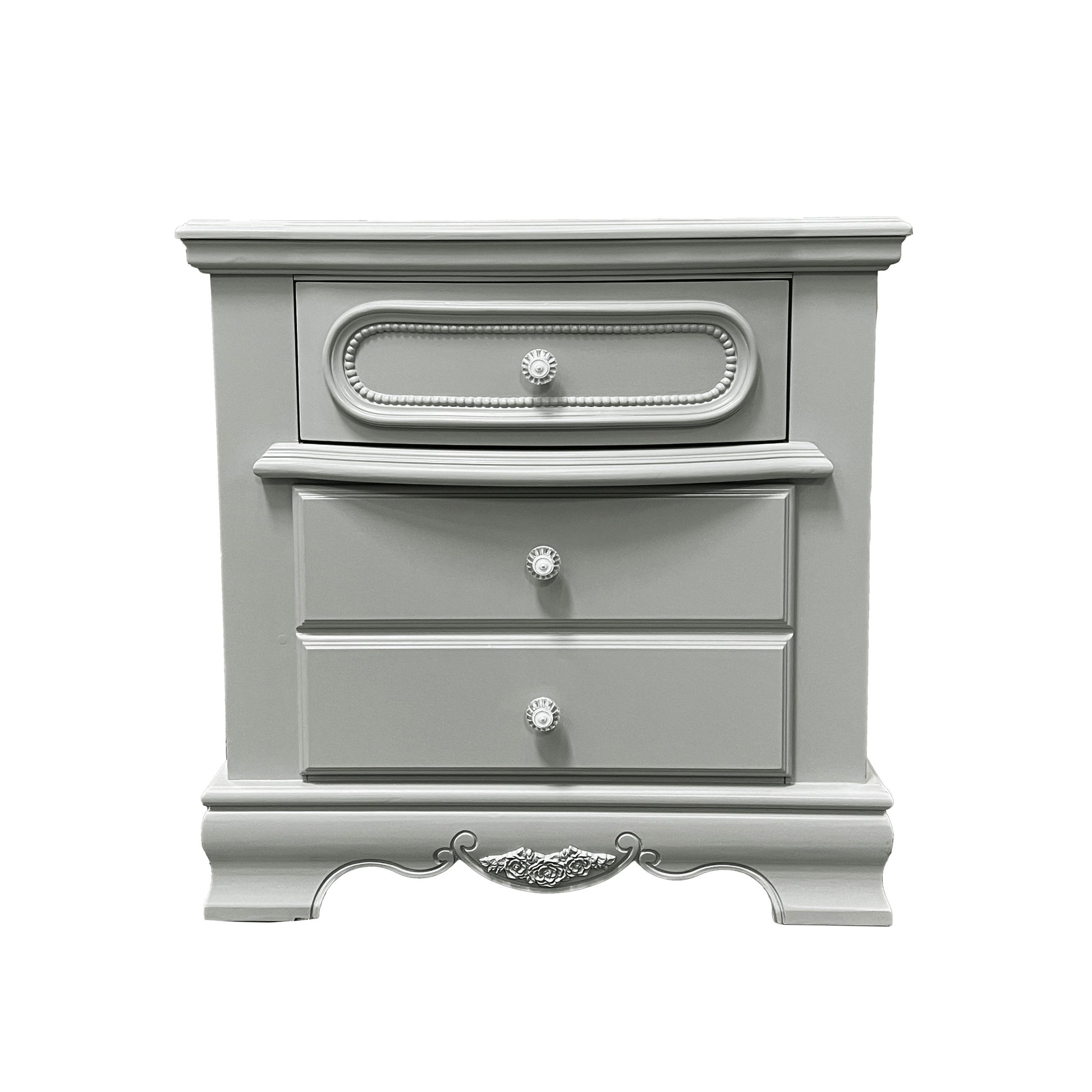 Grey vintage nightstand with three drawers and ornate hardware