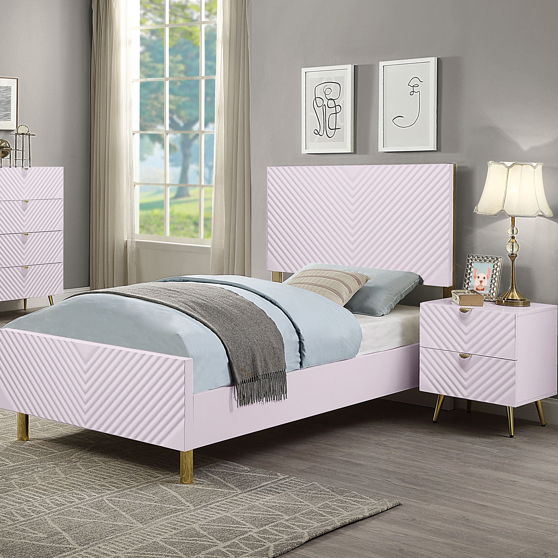 Light pink twin bed frame with chevron pattern gold legs and upholstered headboard