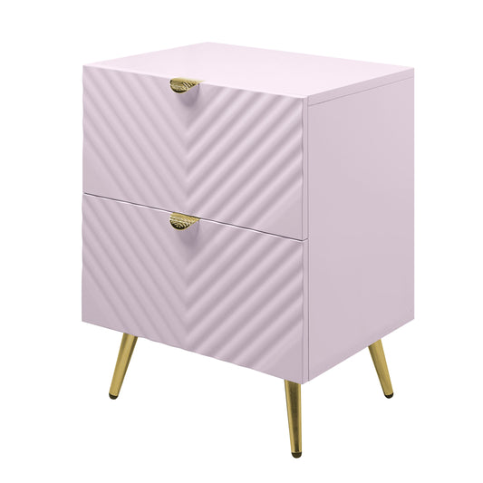 Lilac twodrawer nightstand with chevron texture and gold leafshaped pulls on gold tapered legs