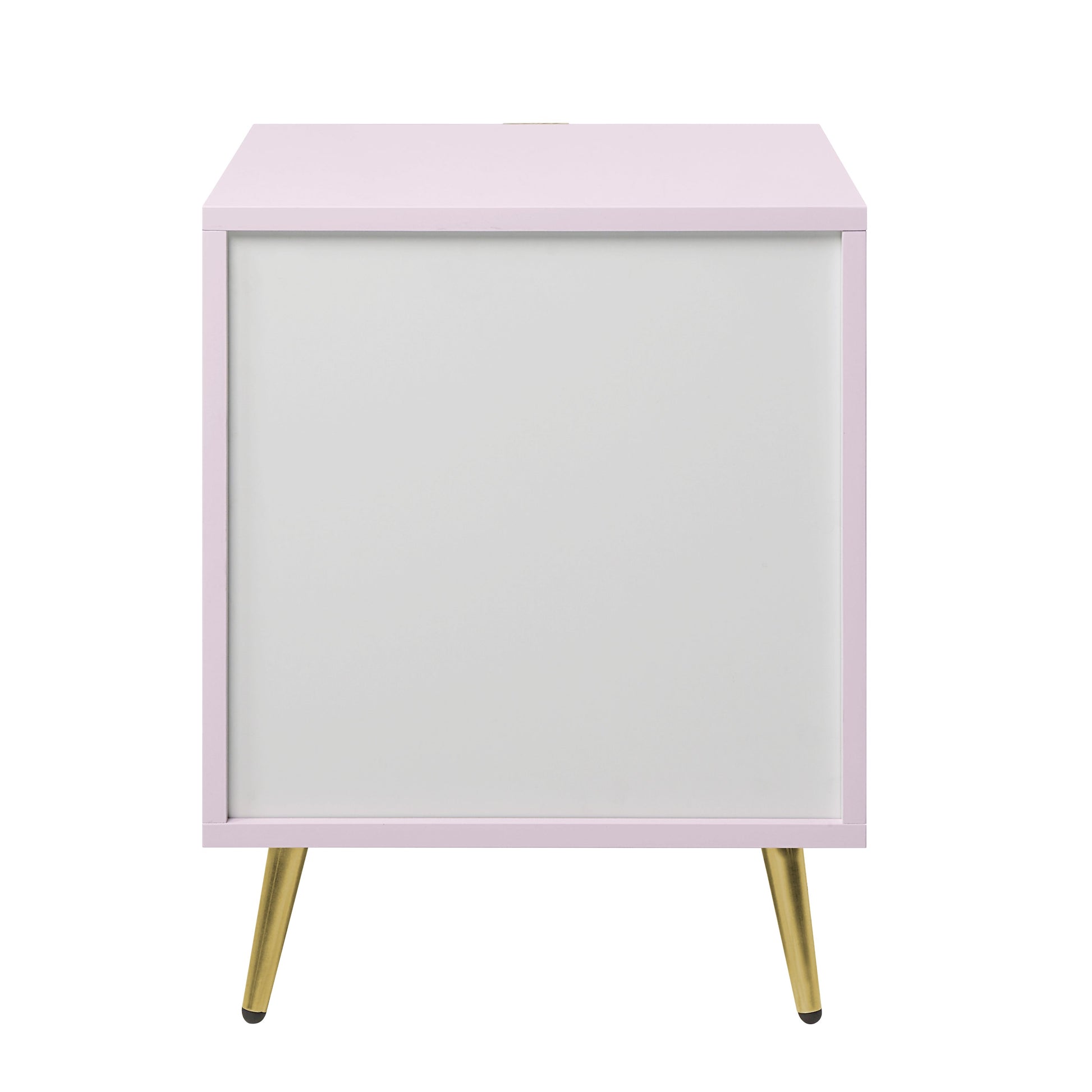 A light pink bedside table with a white drawer front and gold tapered legs