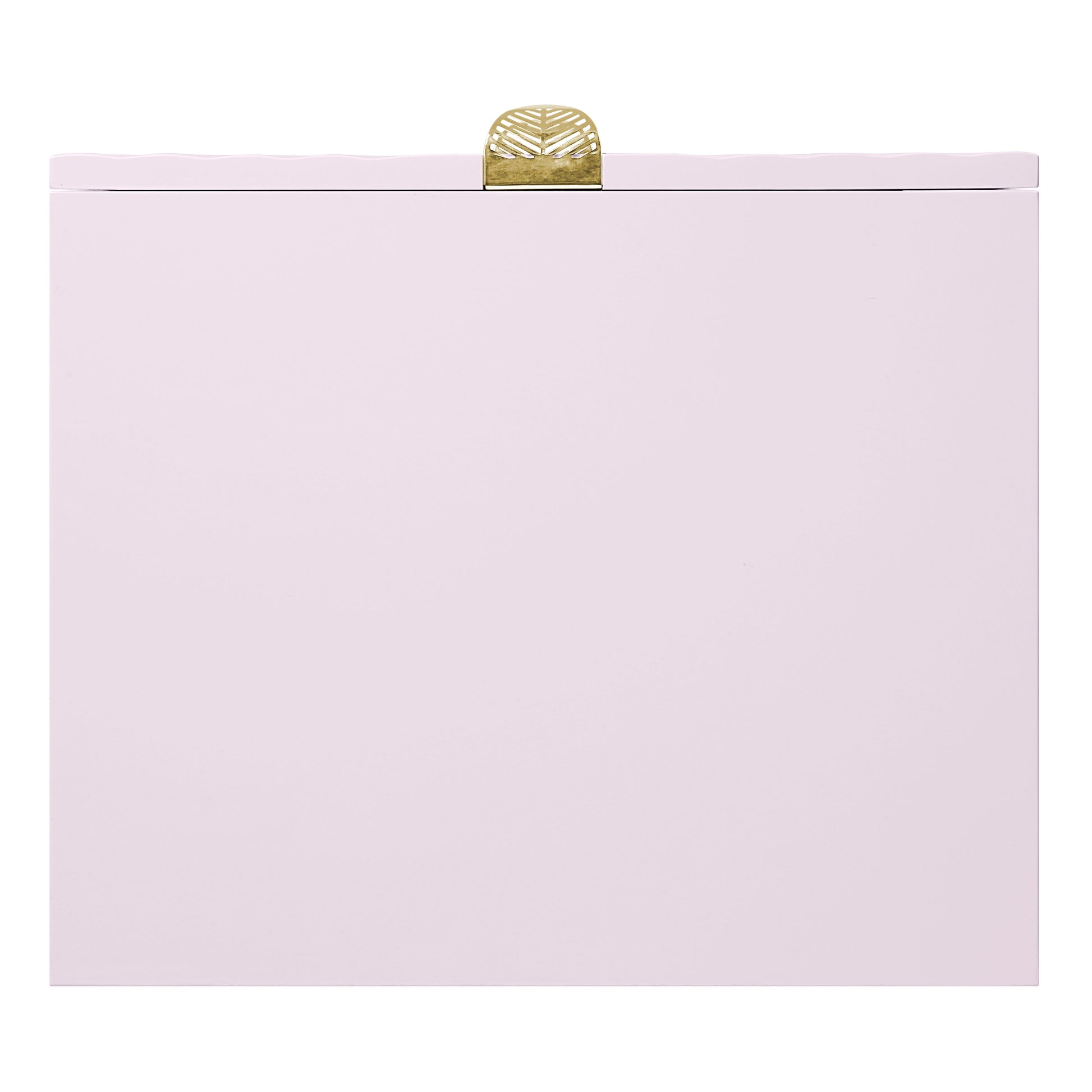Pastel pink jewelry box with ornate gold leaf clasp for precious items