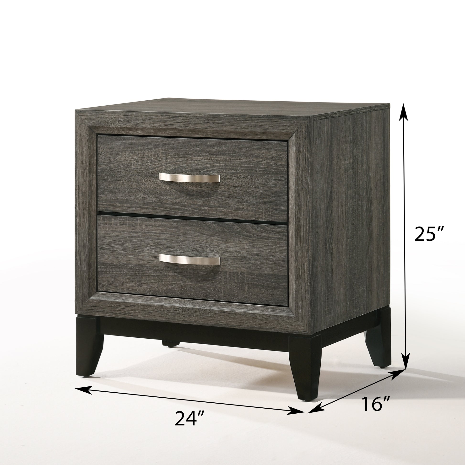 Dark gray wood finish nightstand with two drawers and silver handles