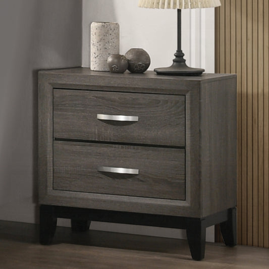 Dark grey wood bedside table with two drawers and silver handles