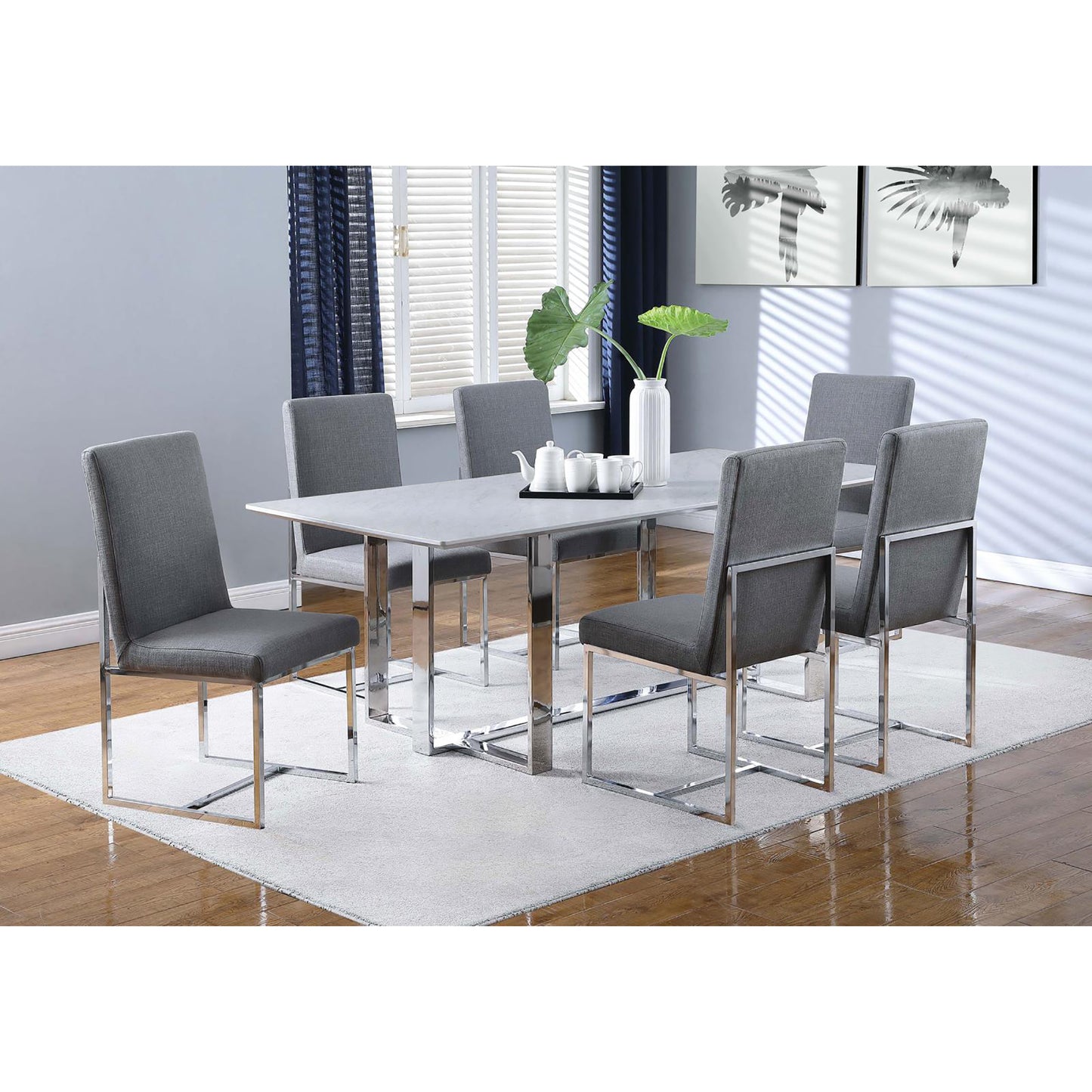 Grey upholstered dining chairs with chrome legs set of