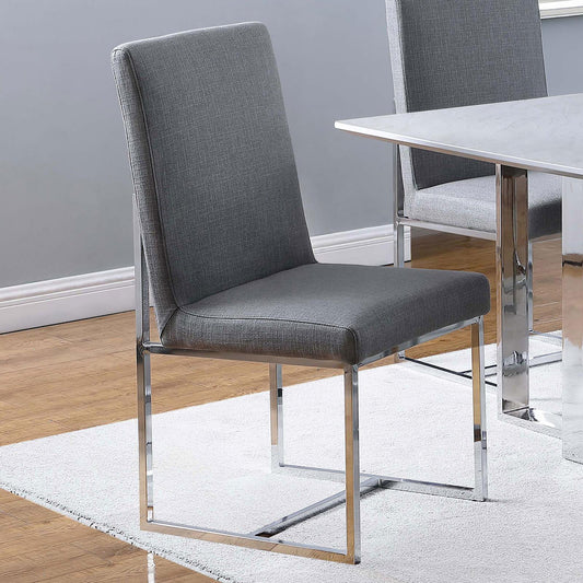 Gray upholstered dining chair with a sleek chrome frame and square legs