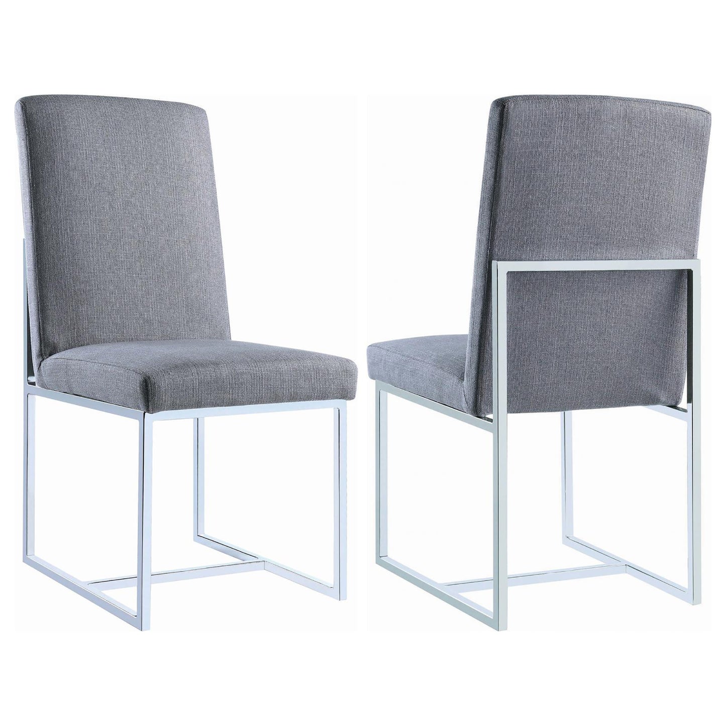 Gray fabric dining chair with modern chrome frame