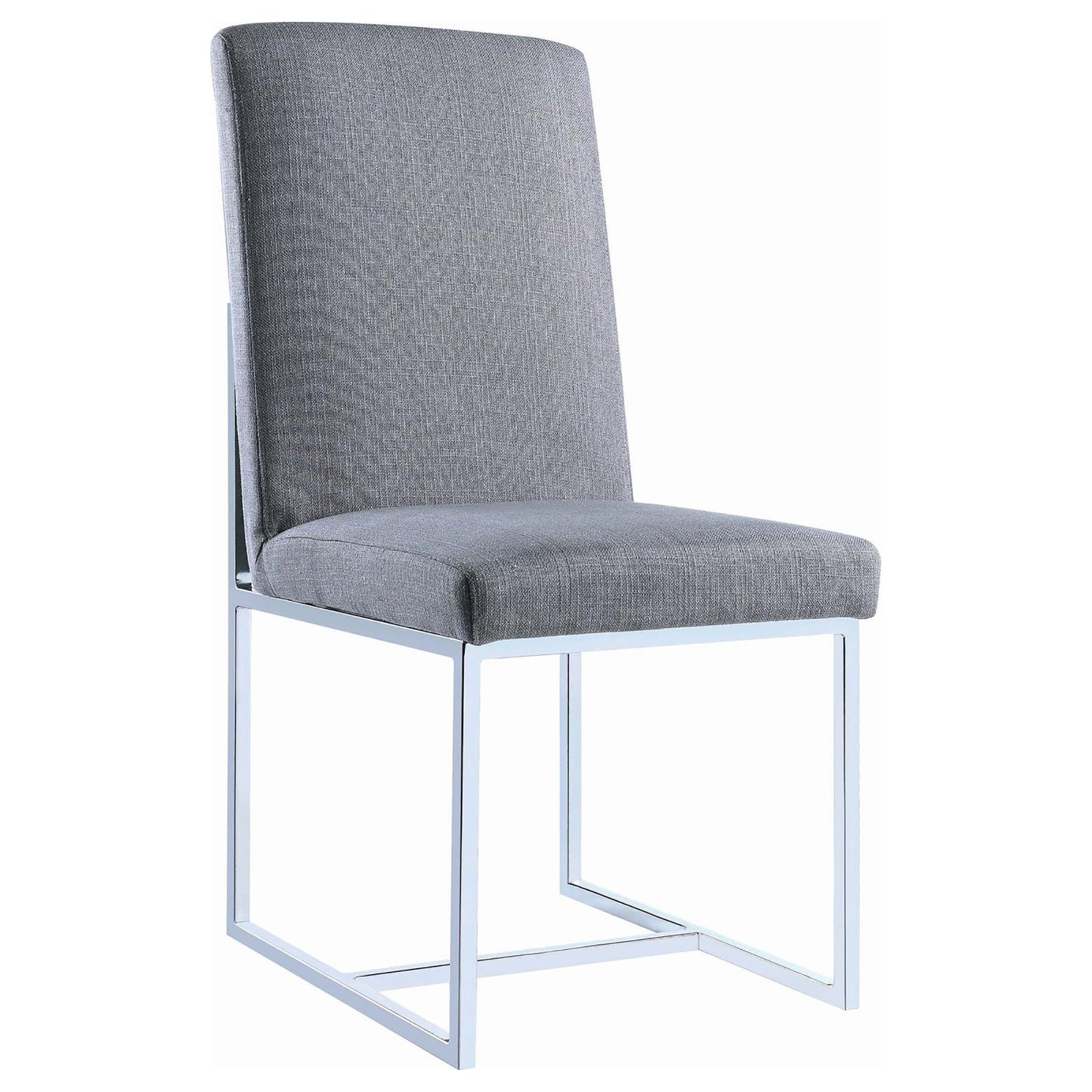 Gray upholstered dining chair with a modern chrome frame and square legs