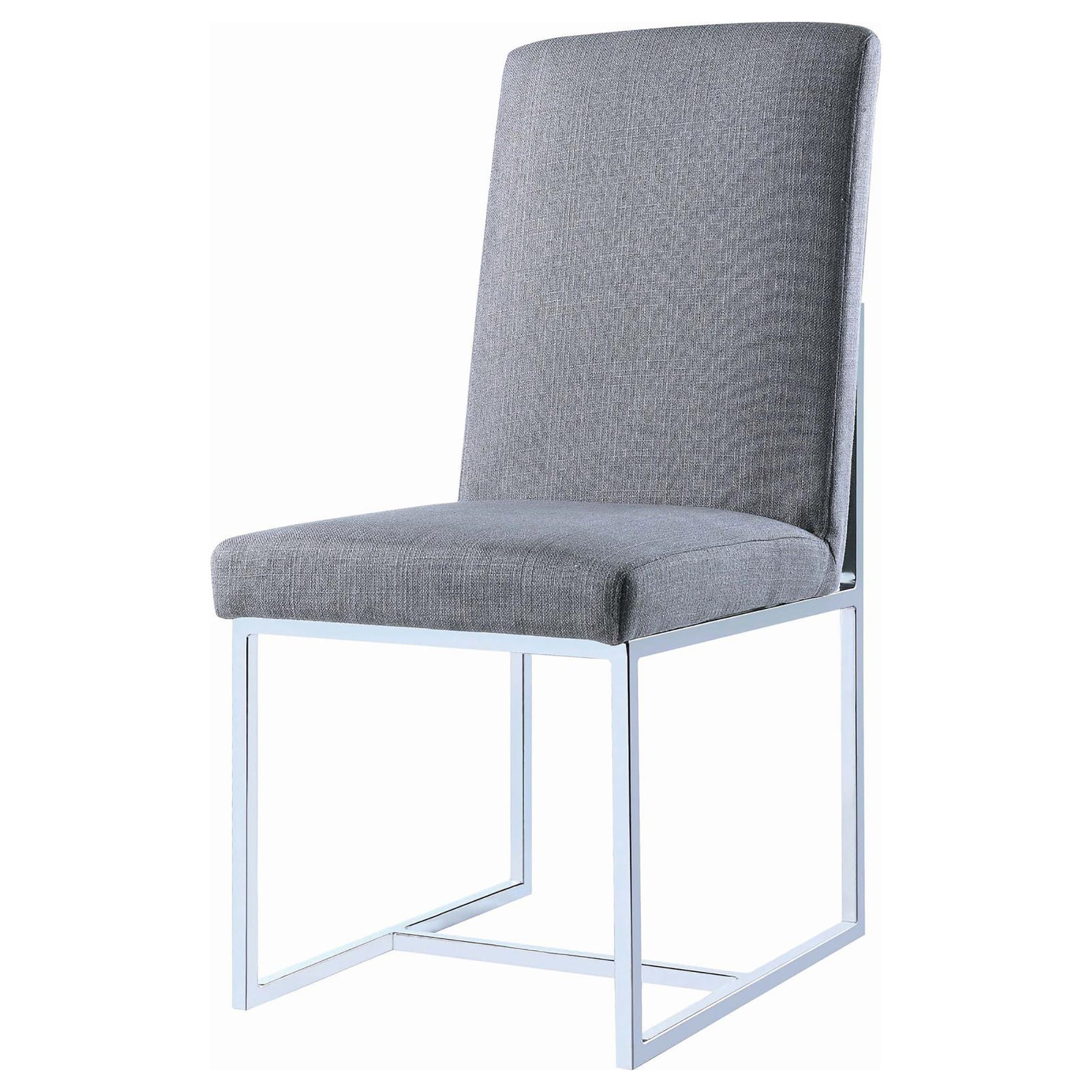 Modern gray upholstered dining chair with polished chrome frame