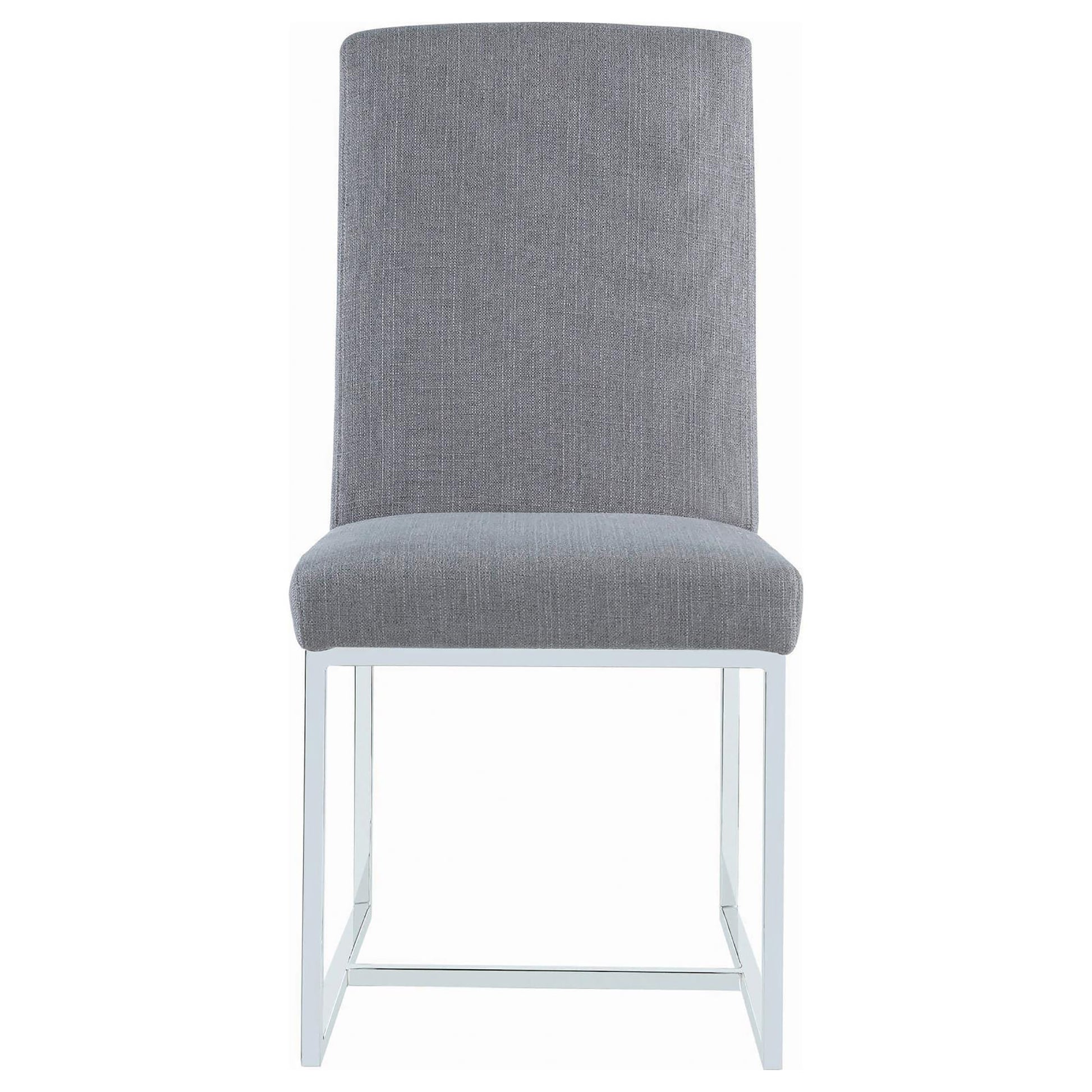 Gray upholstered dining chair with a modern chrome base ideal for contemporary homes