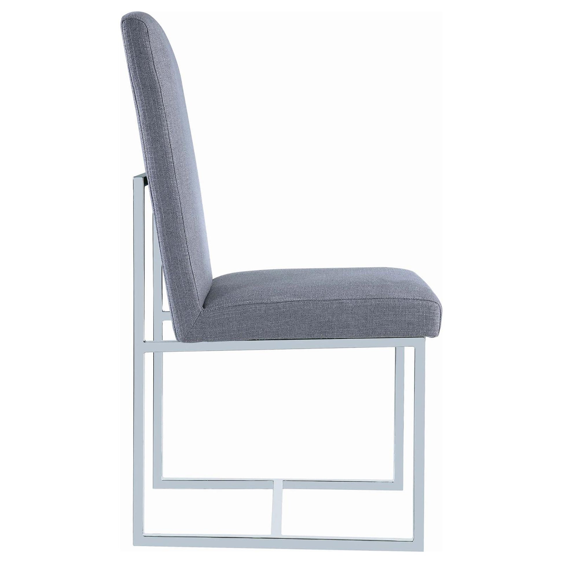 Upholstered dining chair with grey fabric seat and back on a polished chrome frame