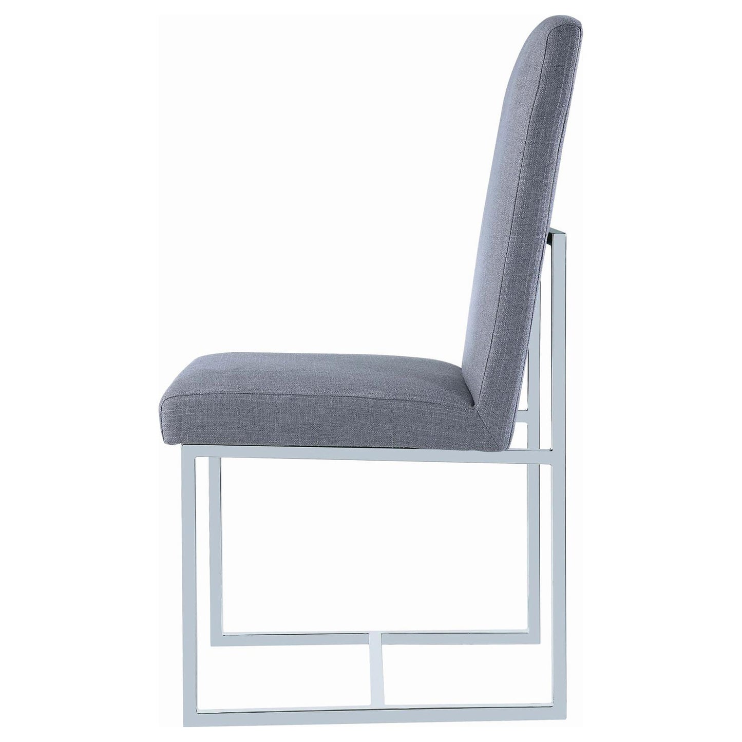 Modern grey upholstered dining chair with sleek chrome square frame
