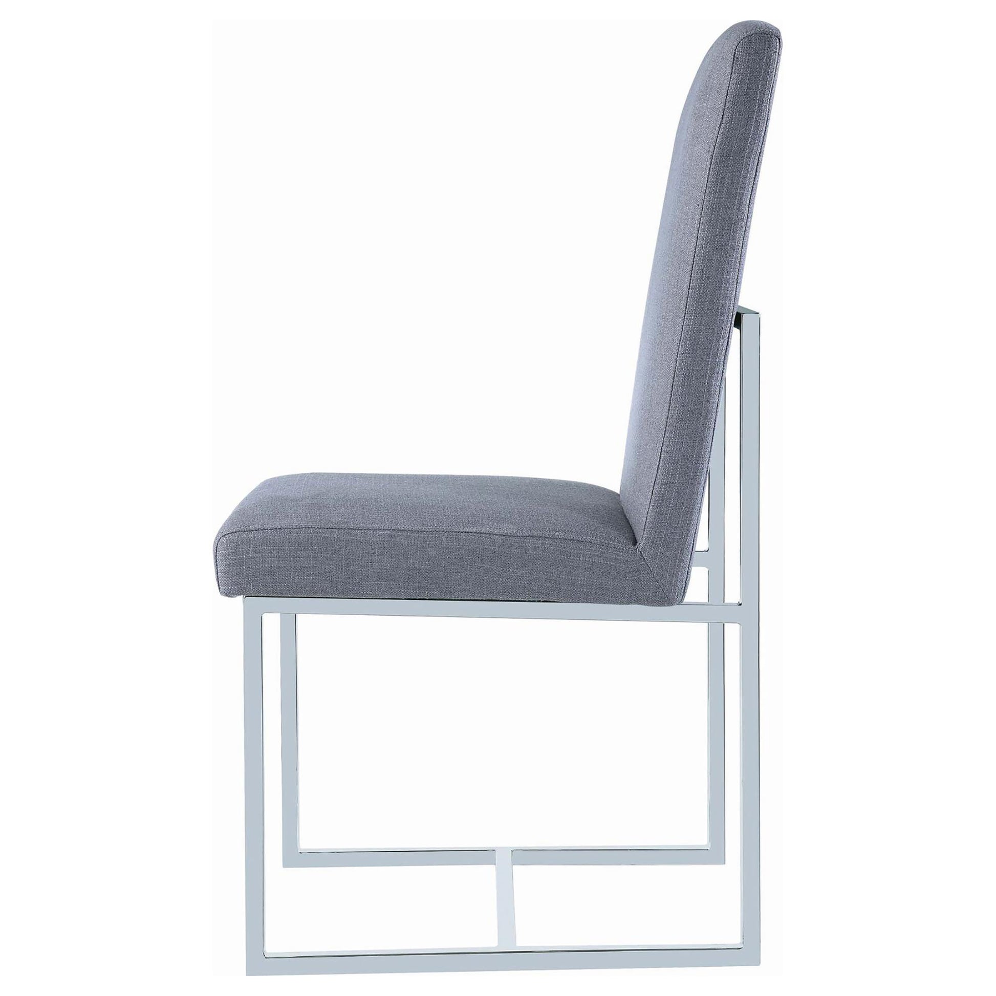 Modern grey upholstered dining chair with sleek chrome square frame