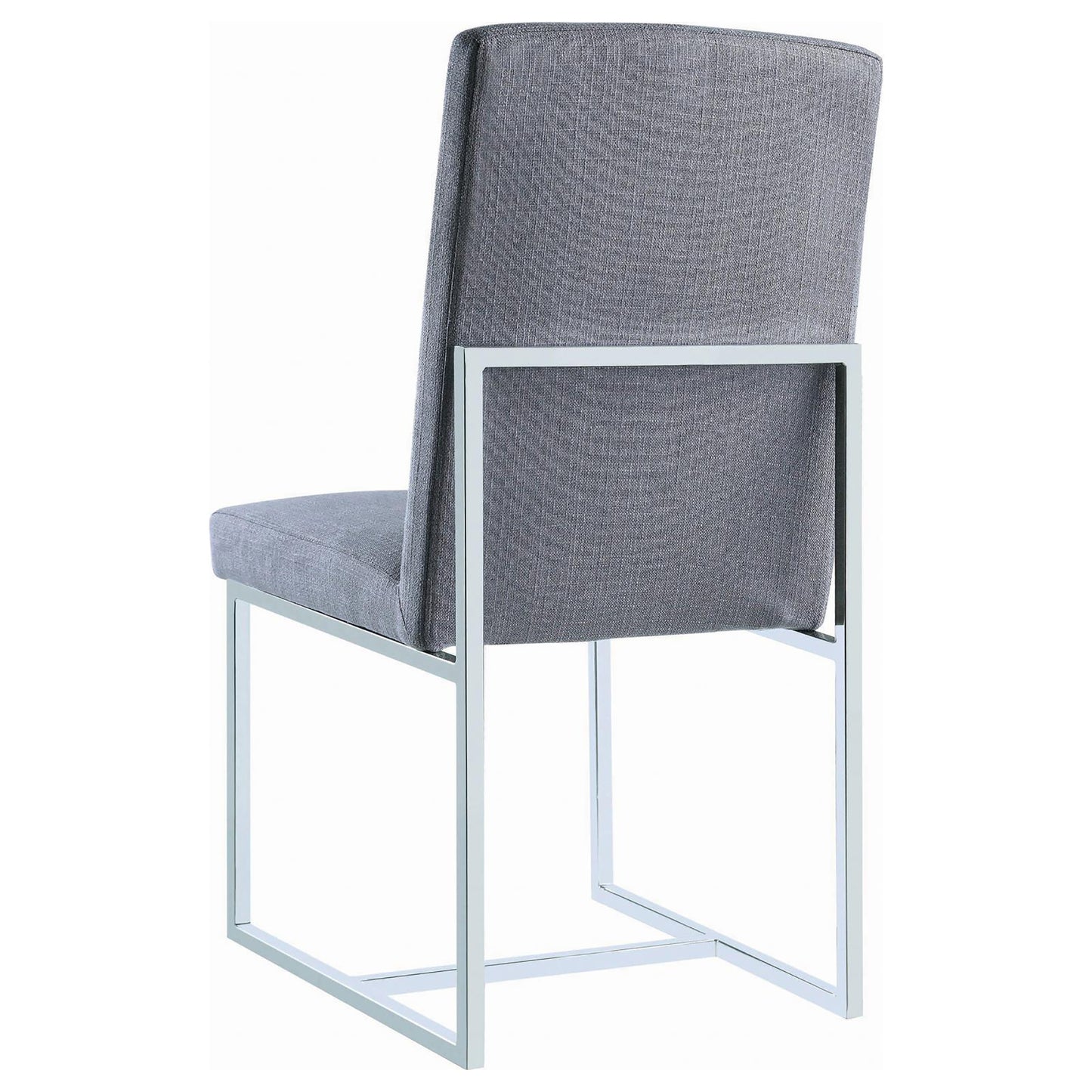 Modern grey upholstered dining chair with polished chrome metal frame side view