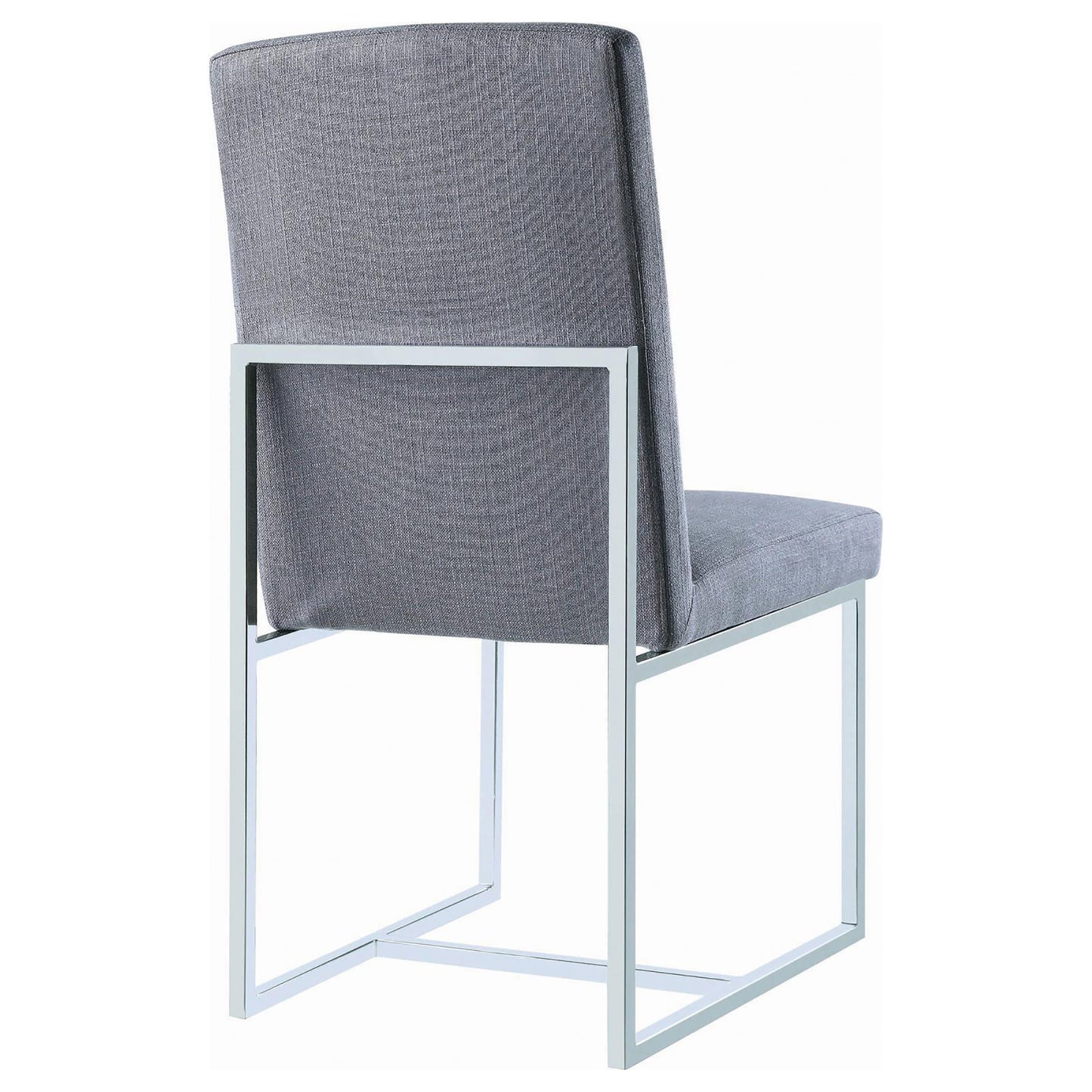 Gray fabric dining chair with a sleek chrome metal frame modern design