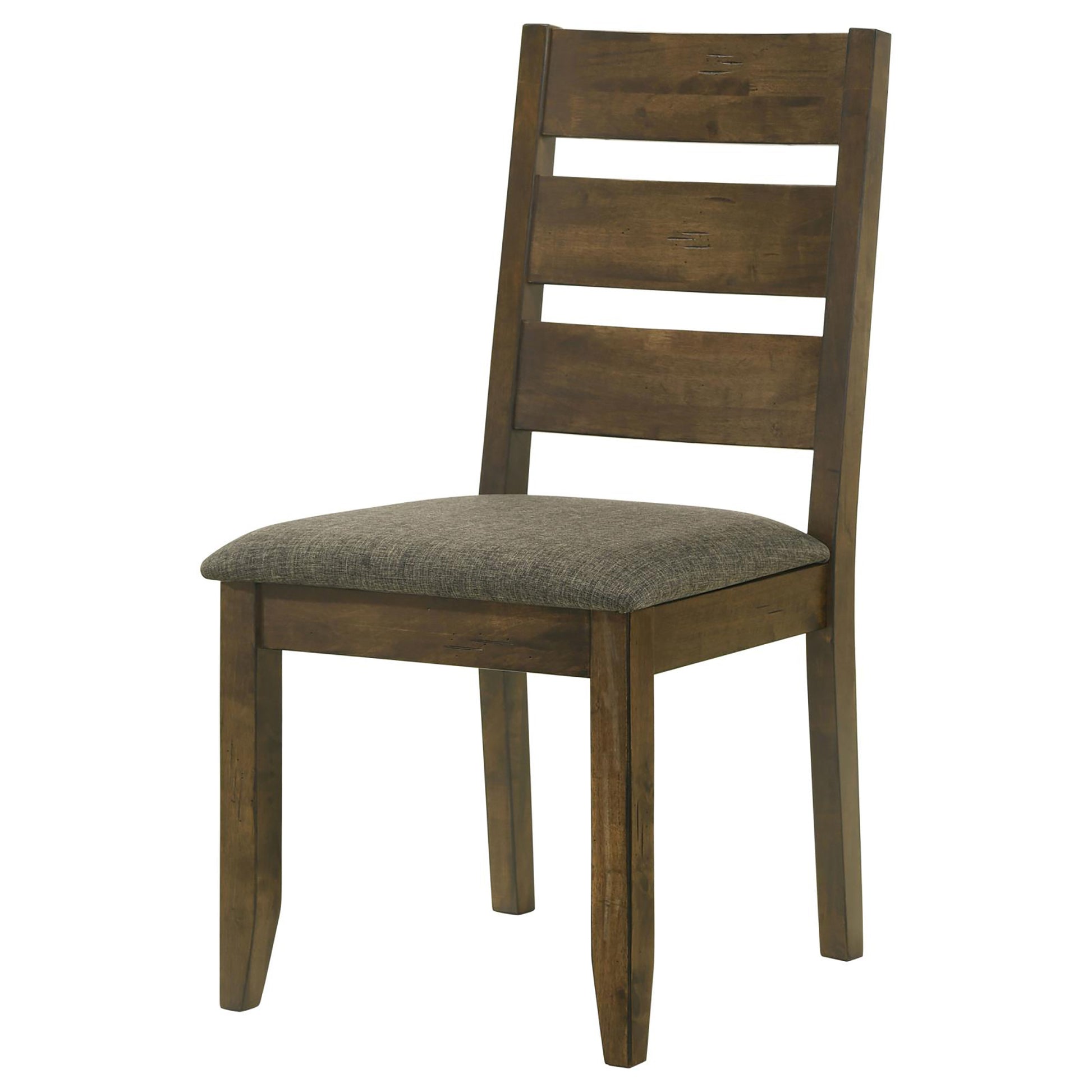 Rustic brown wooden dining chair with upholstered seat