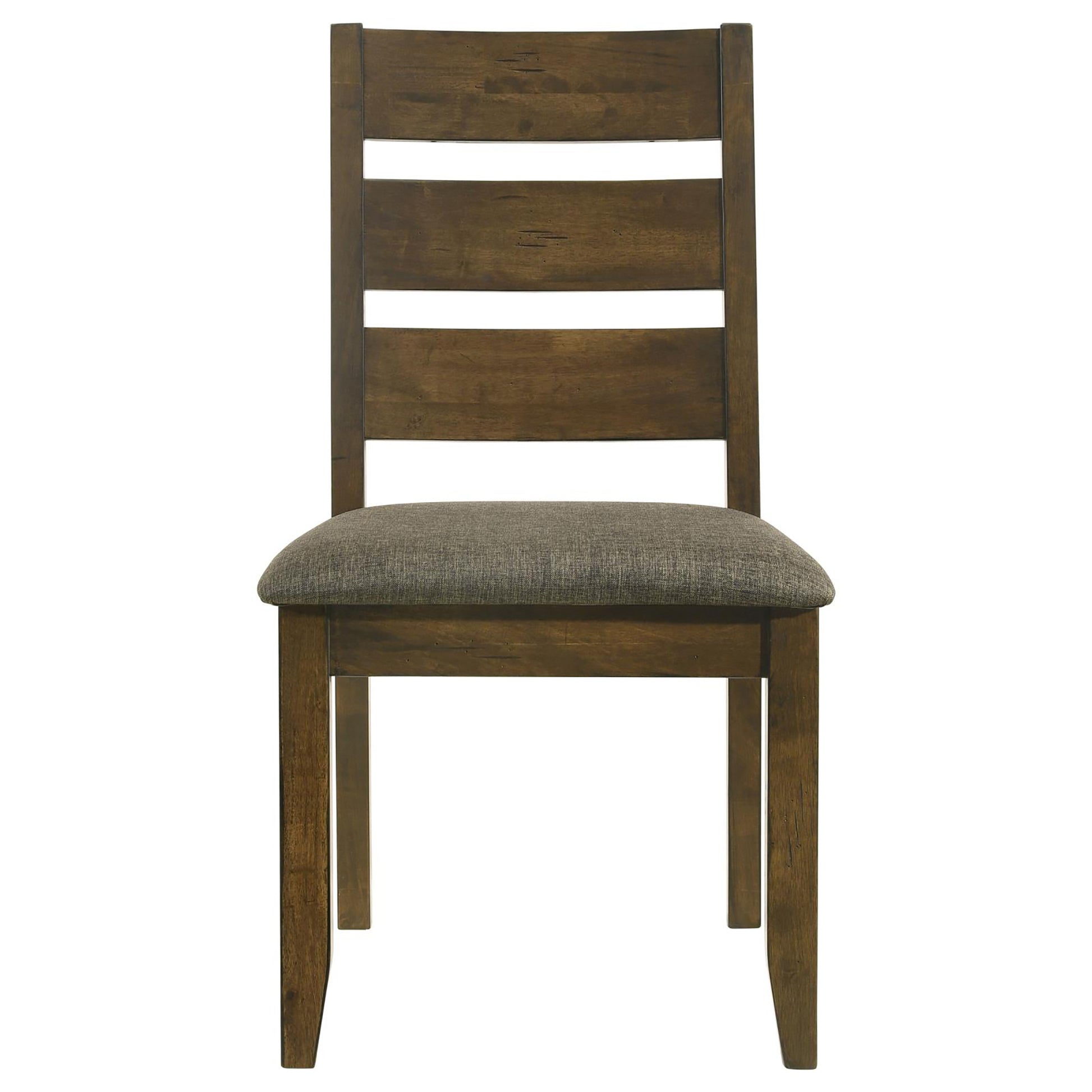 Dark wood dining chair with a grey upholstered seat and slatted back design