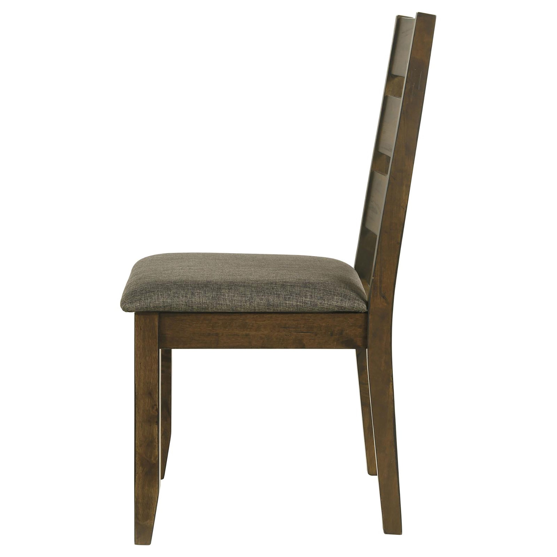 Dark wood dining chair with grey fabric seat and slatted back